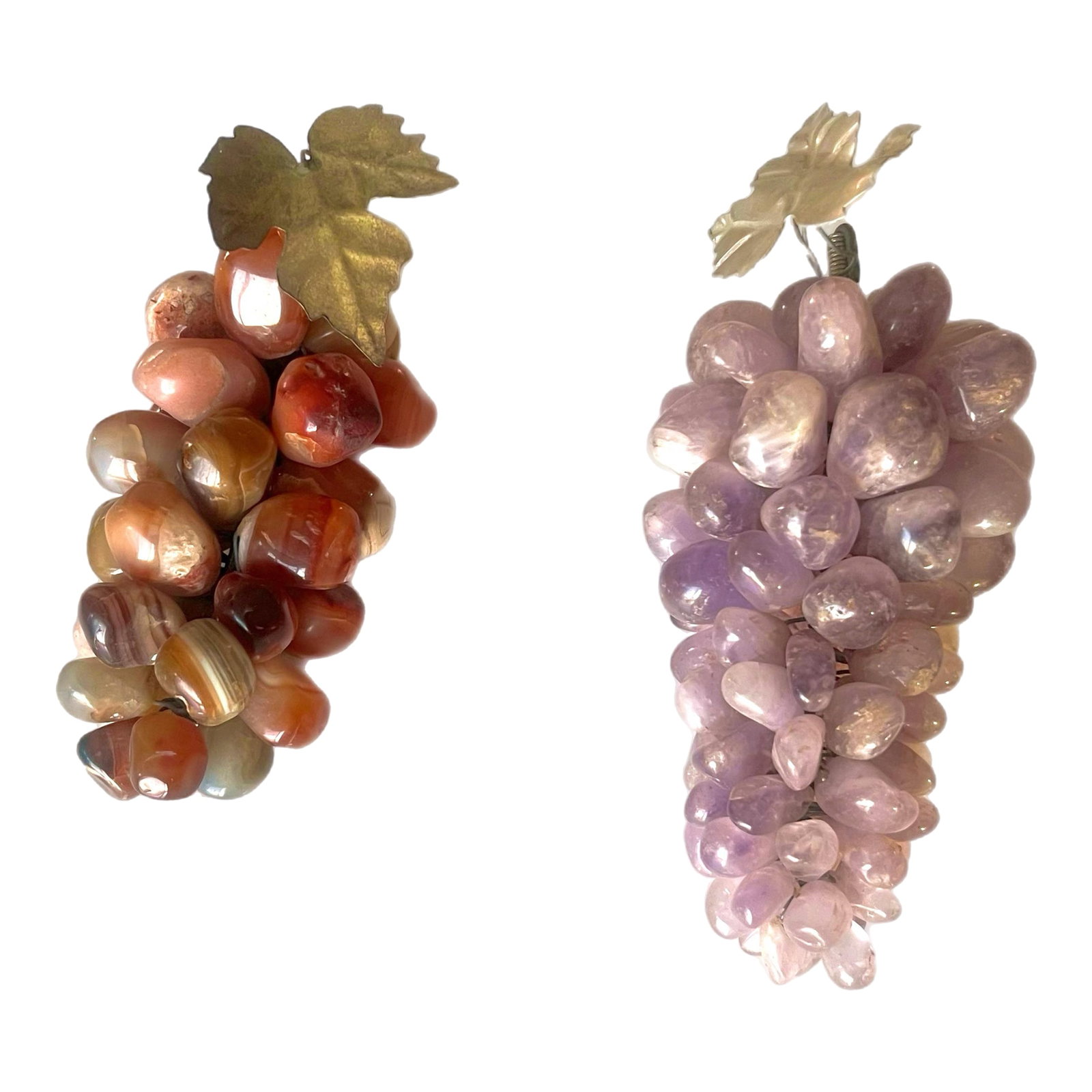 Mid-Century Semi-Precious Stone Grape Clusters - a Pair: Mid-20th century large grape clusters in carnelian and amethyst : Carnelian is a stone that represents warmth, fiery, life, vibrancy, strength, bravery, courage when speaking in public, and