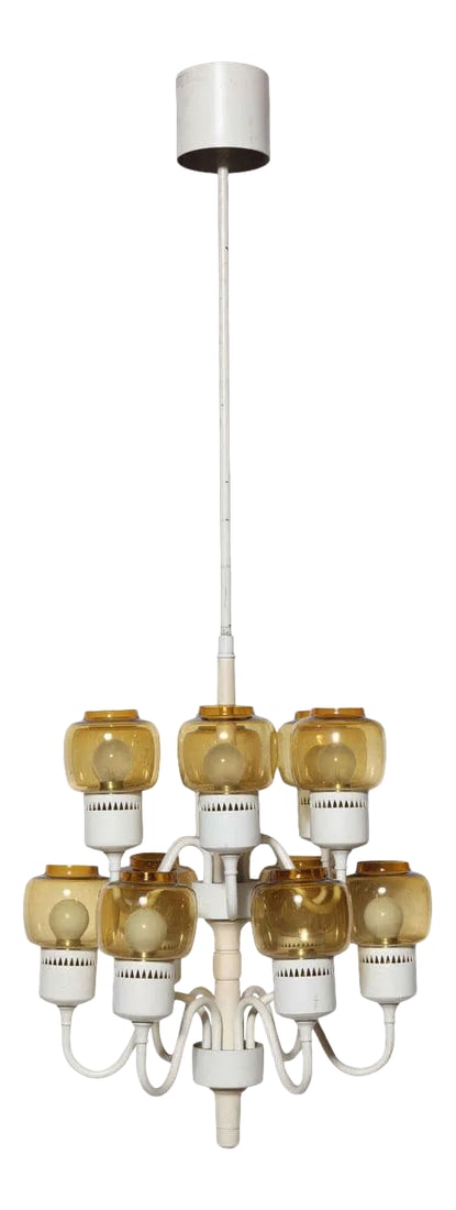 1960s Hans Agne Jakobsson Two Tier Hurricane Pendant With 12 Amber Glass Shades: Scandinavian Modern Hans Agne Jakobsson by Markaryd Sweden Hanging Pendant with twelve Amber Glass shades. Featuring a two-tier Off-White lacquered metal framework, twelve Yellow Amber Glass hurricane