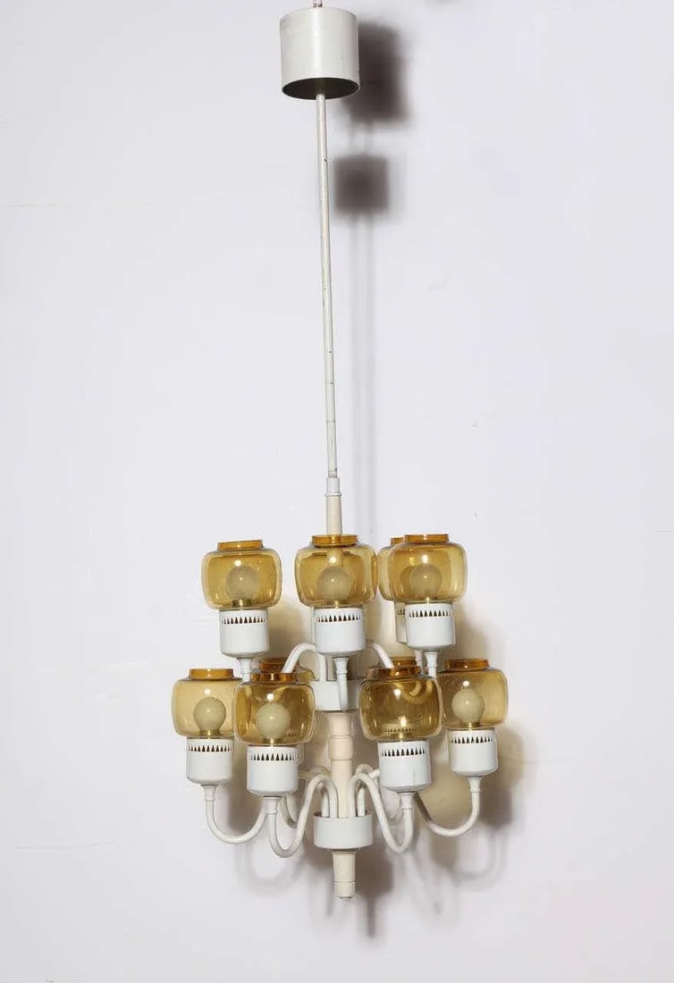 1960s Hans Agne Jakobsson Two Tier Hurricane Pendant With 12 Amber Glass Shades - 2
