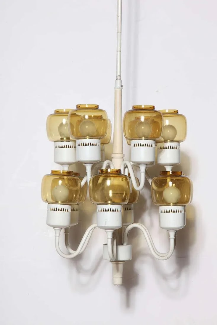 1960s Hans Agne Jakobsson Two Tier Hurricane Pendant With 12 Amber Glass Shades - 3