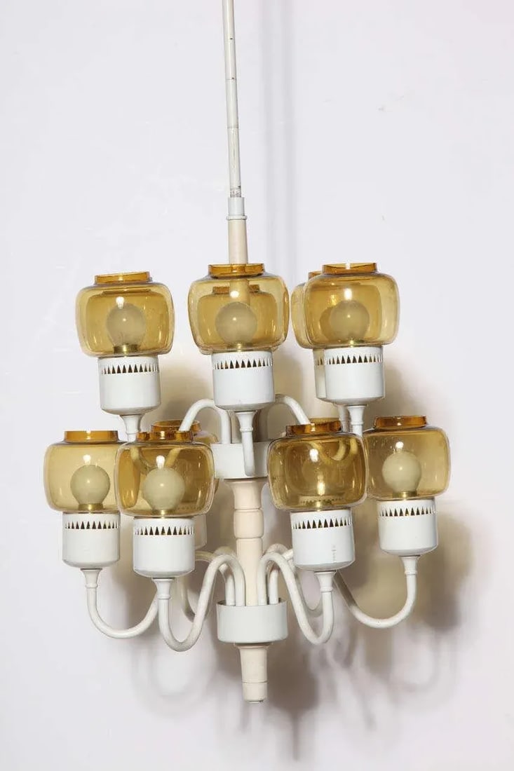 1960s Hans Agne Jakobsson Two Tier Hurricane Pendant With 12 Amber Glass Shades - 4