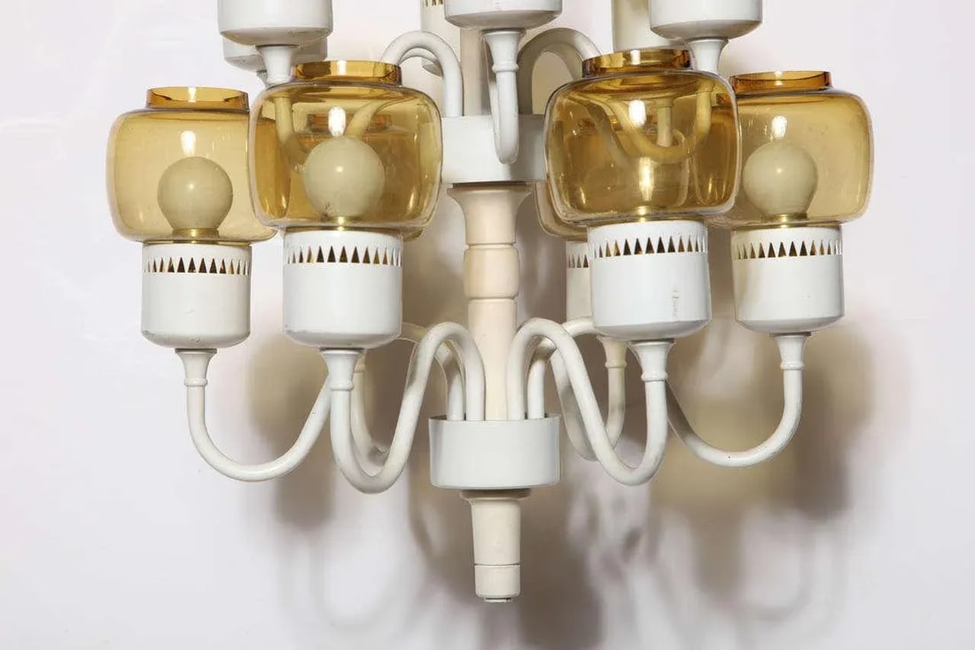 1960s Hans Agne Jakobsson Two Tier Hurricane Pendant With 12 Amber Glass Shades - 5