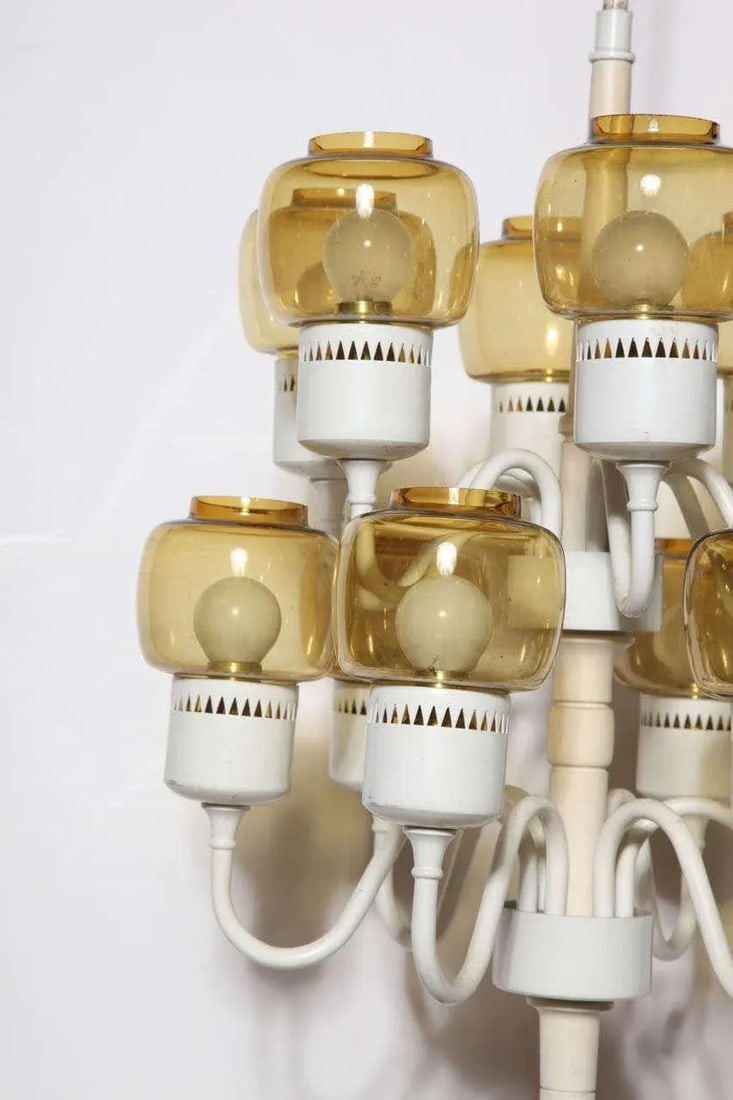 1960s Hans Agne Jakobsson Two Tier Hurricane Pendant With 12 Amber Glass Shades - 6