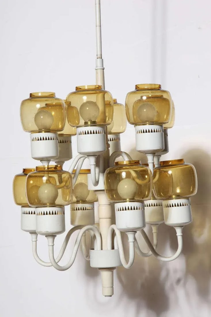 1960s Hans Agne Jakobsson Two Tier Hurricane Pendant With 12 Amber Glass Shades - 8