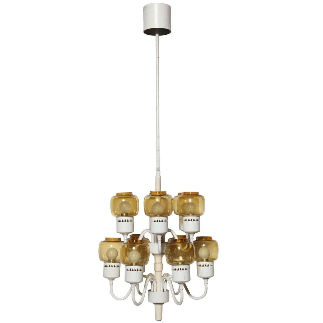 1960s Hans Agne Jakobsson Two Tier Hurricane Pendant With 12 Amber Glass Shades - 9
