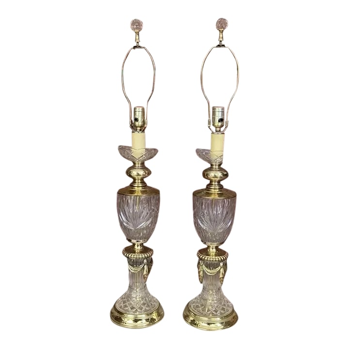 1990s Pair of Gold Tone Hollywood Regency Metal & Cut Glass Large Table Lamps: 1990s Pair of Goldtone Metal & Cut Glass Large Table Lamps 34" Hollywood Regency Good vintage condition. No chips or cracks on glass. Lamps tested and works. Does not come with lamp shades or light bu