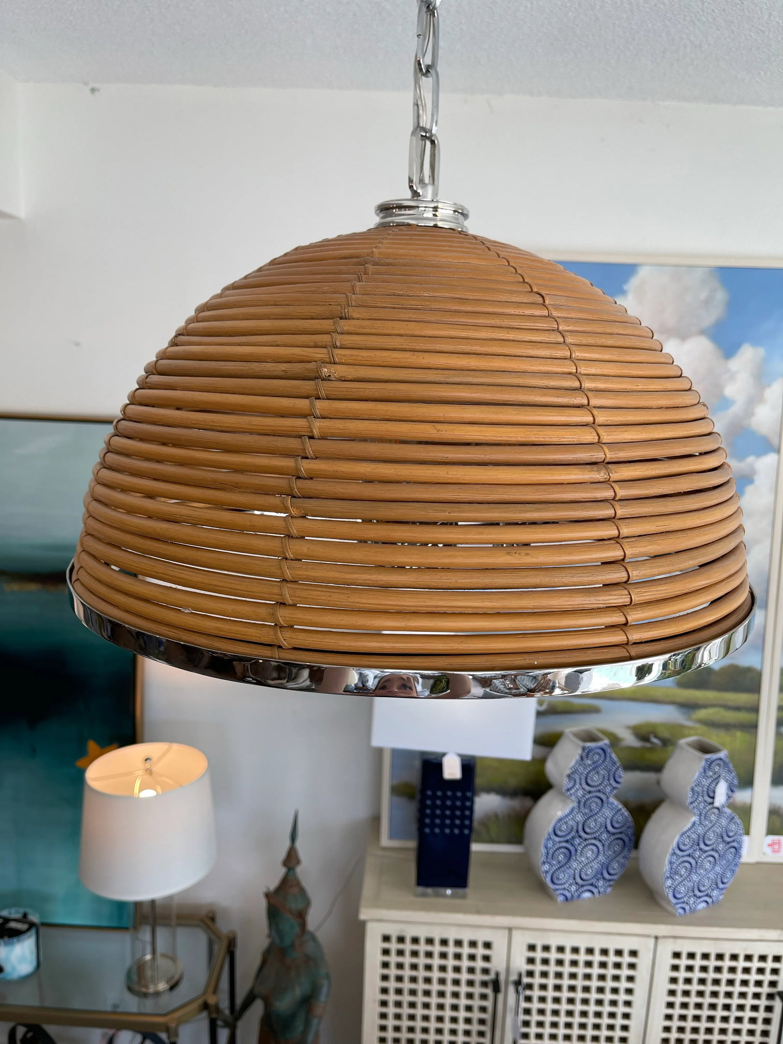 Corbett Dome Rattan & Chrome Chandelier - 7