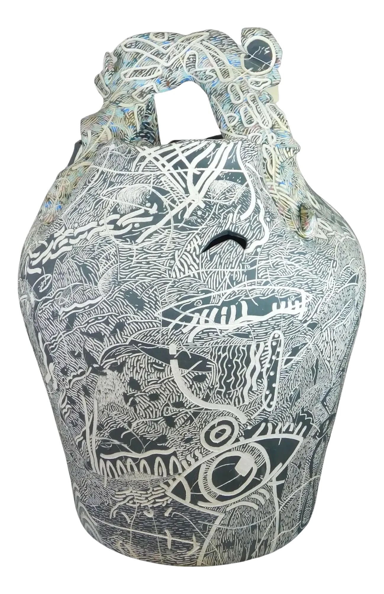 Massive Mid-Century Modern Sgraffito Ceramic Floor Vase: This monumental ceramic floor vase with still life and abstract carved motifs in the sgraffito technique dates from the mid to late 20th century and is apparently unsigned. In excellent condition.