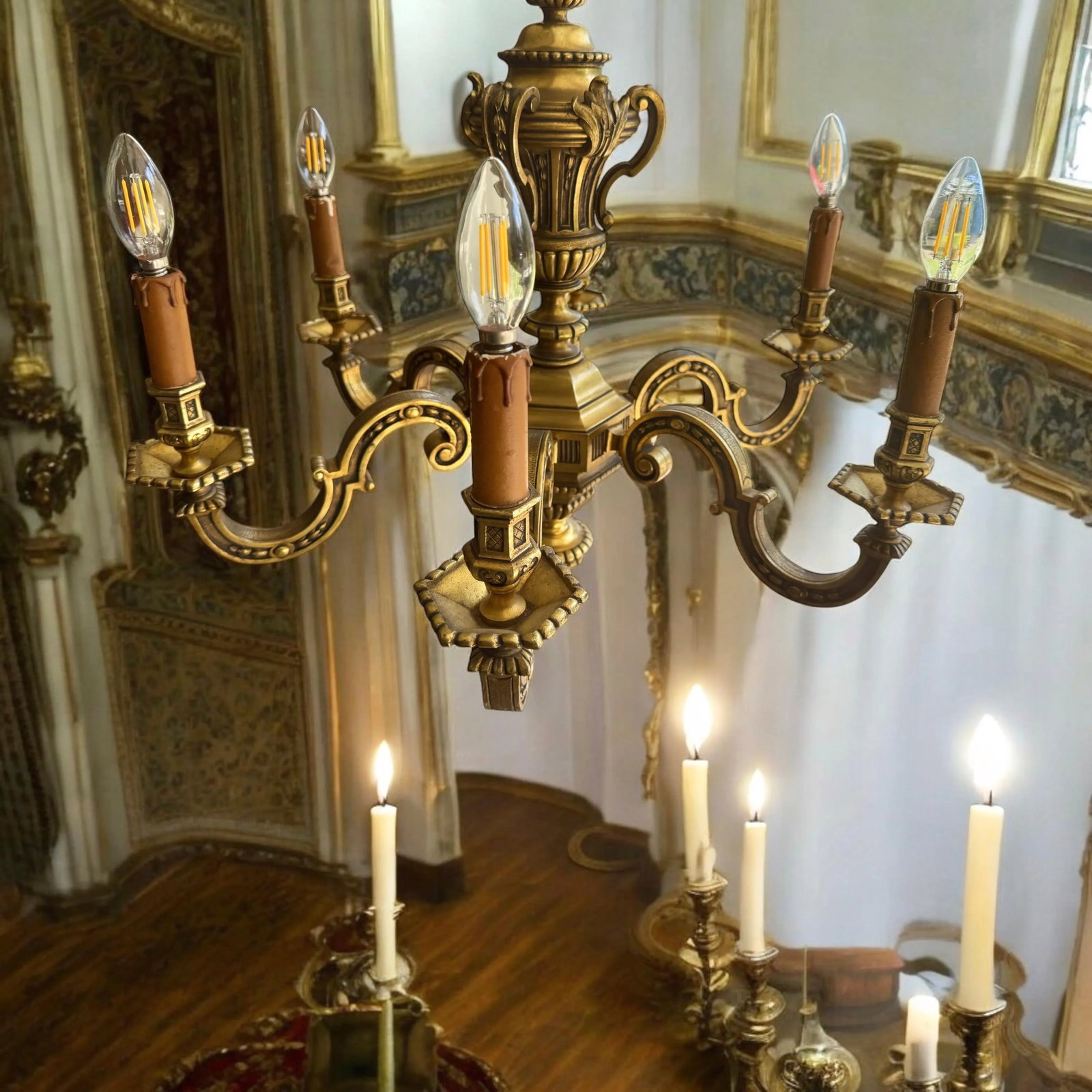 Large Antique French Mazarin Bronze 6 Arm Chandelier - 4