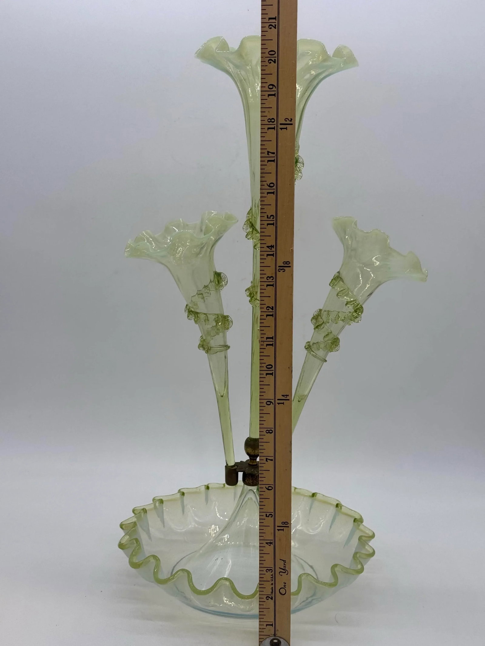 Antique Victorian Epergne Light Green Vaseline Glass Ruffle Ca 1880 Art Glass Vase Glows - 11