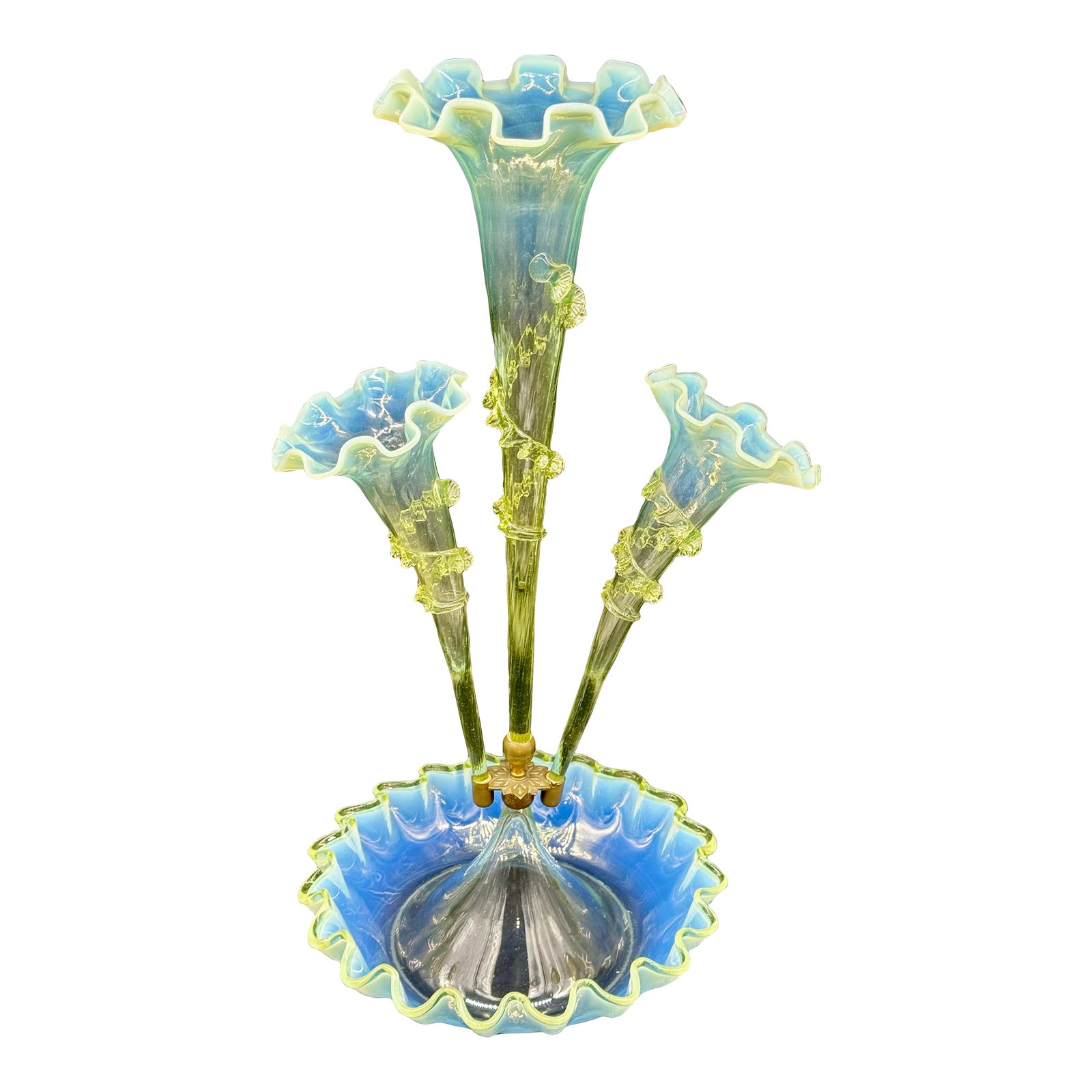 Antique Victorian Epergne Light Green Vaseline Glass Ruffle Ca 1880 Art Glass Vase Glows (1 of 11)