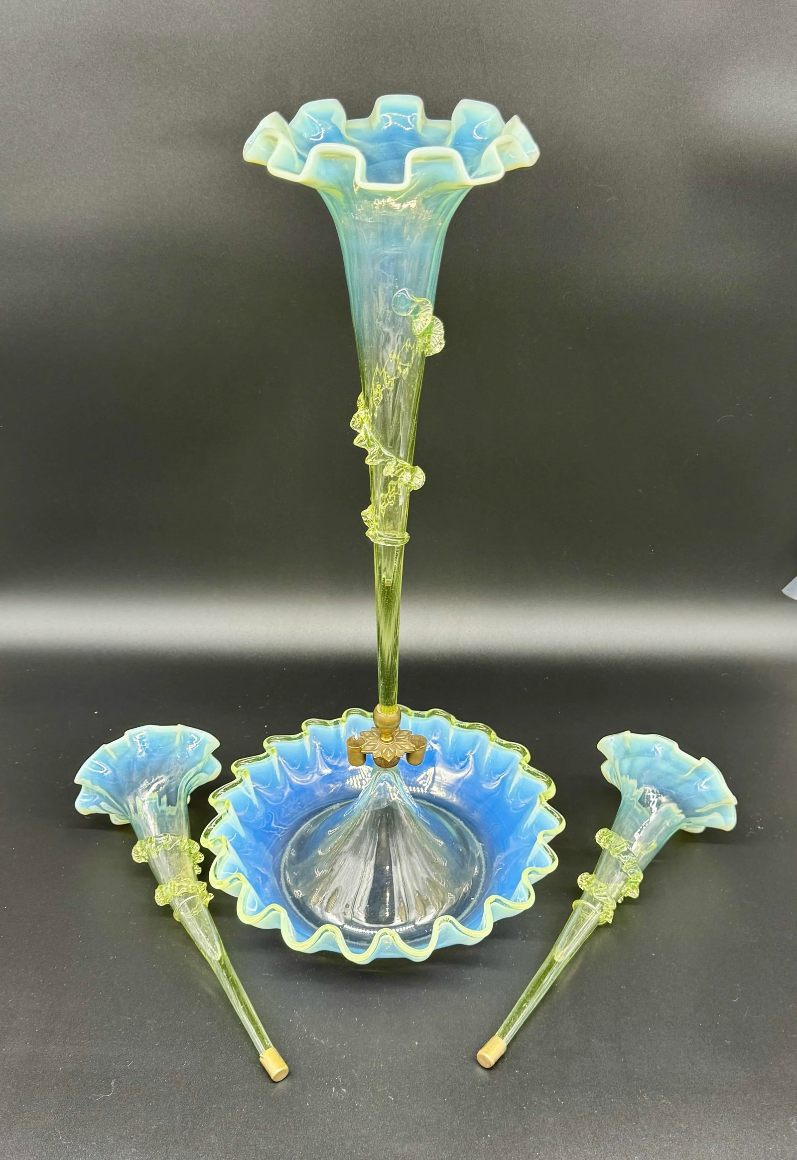 Antique Victorian Epergne Light Green Vaseline Glass Ruffle Ca 1880 Art Glass Vase Glows - 2