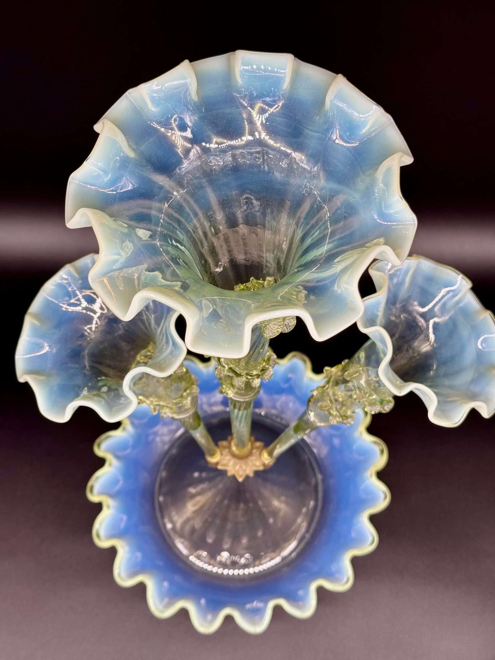 Antique Victorian Epergne Light Green Vaseline Glass Ruffle Ca 1880 Art Glass Vase Glows - 3