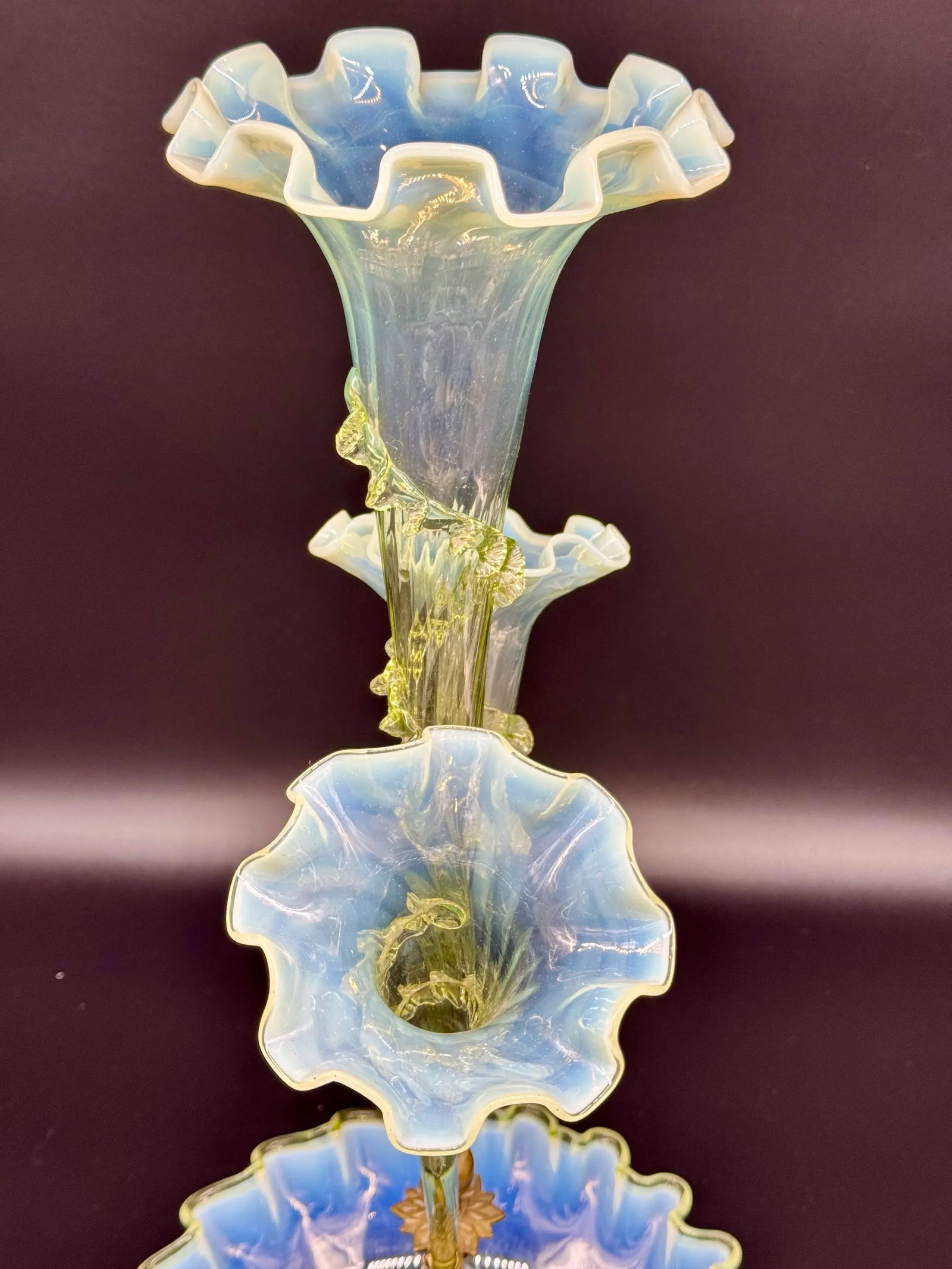 Antique Victorian Epergne Light Green Vaseline Glass Ruffle Ca 1880 Art Glass Vase Glows - 4