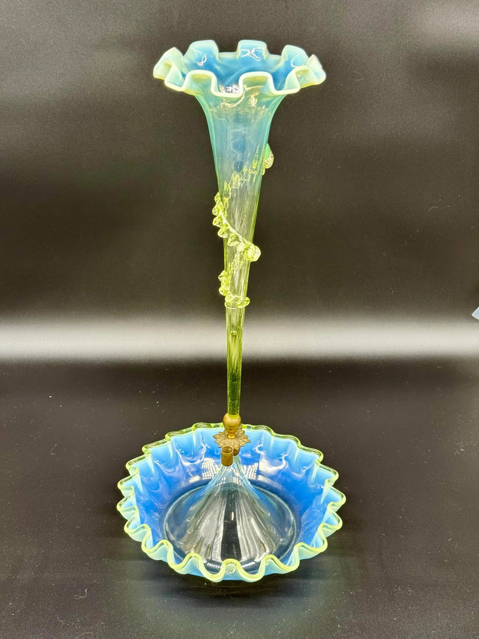 Antique Victorian Epergne Light Green Vaseline Glass Ruffle Ca 1880 Art Glass Vase Glows - 5