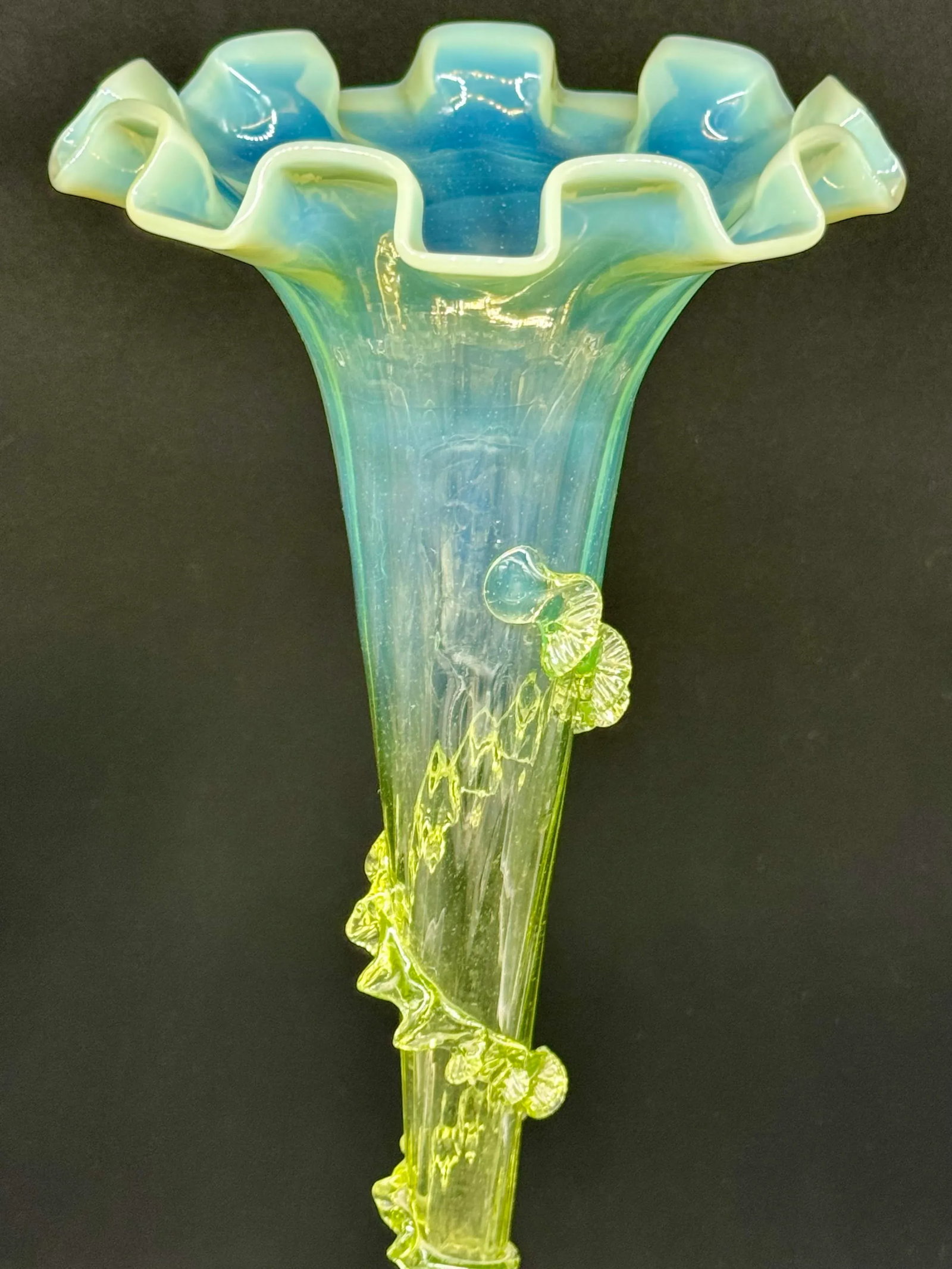 Antique Victorian Epergne Light Green Vaseline Glass Ruffle Ca 1880 Art Glass Vase Glows - 6