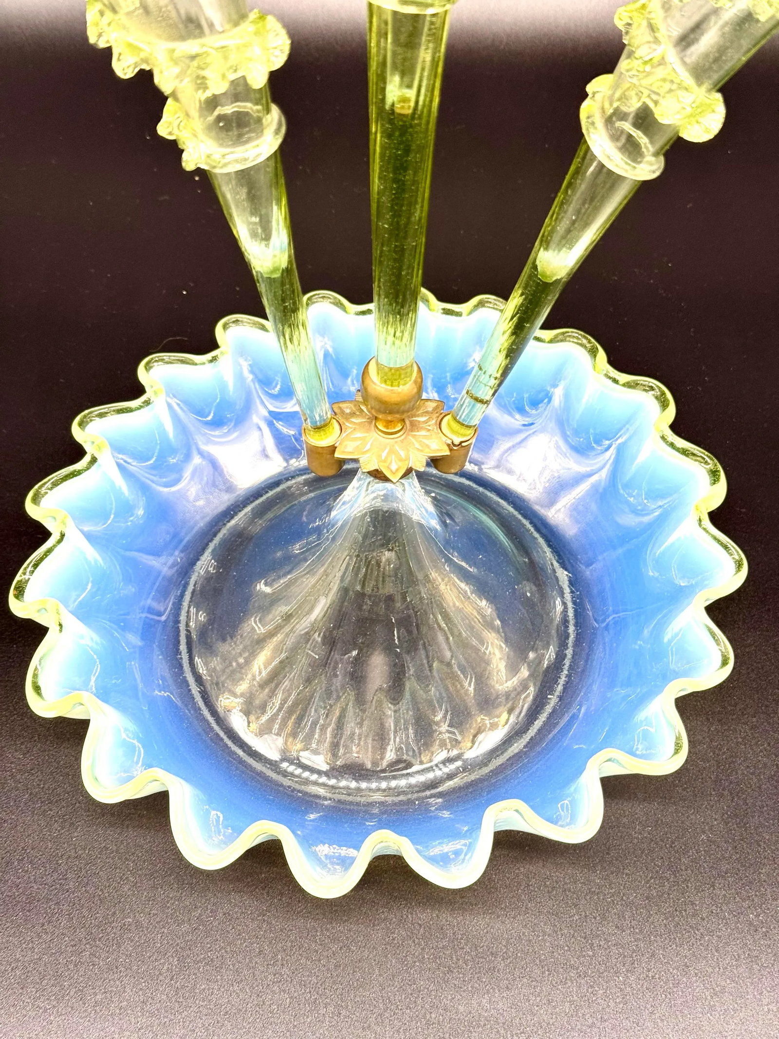 Antique Victorian Epergne Light Green Vaseline Glass Ruffle Ca 1880 Art Glass Vase Glows - 7