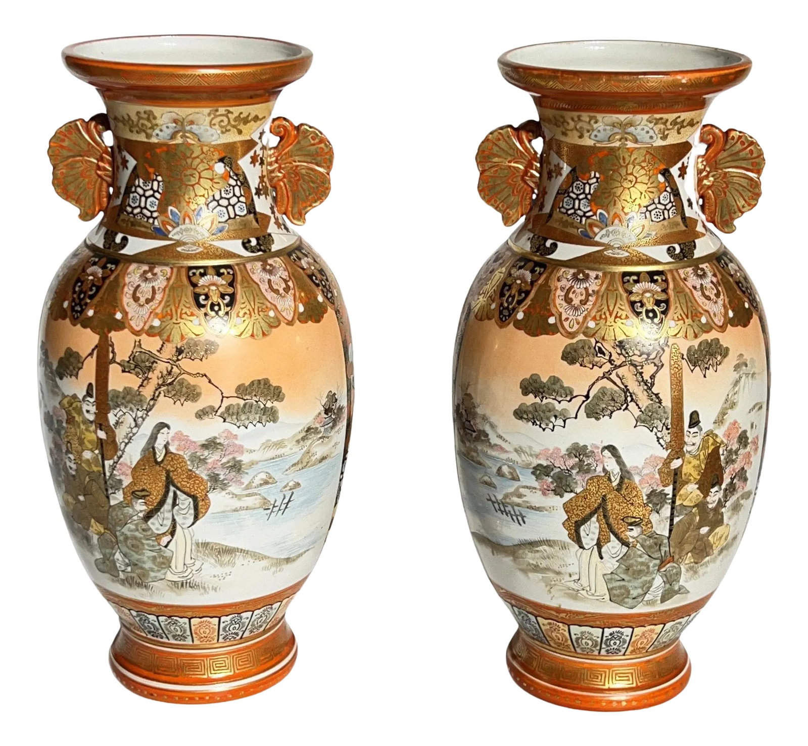 Japanese Kutani Porcelain Vases - A Pair: Pair of exquisite Japanese Kutani vases with fine enameled and gilt decorations, signed Kutani-Saku (JiuGuZuo), measuring 14 1/2 by 6 1/2 inches. Each in excellent condition. Condition: Alterations: U