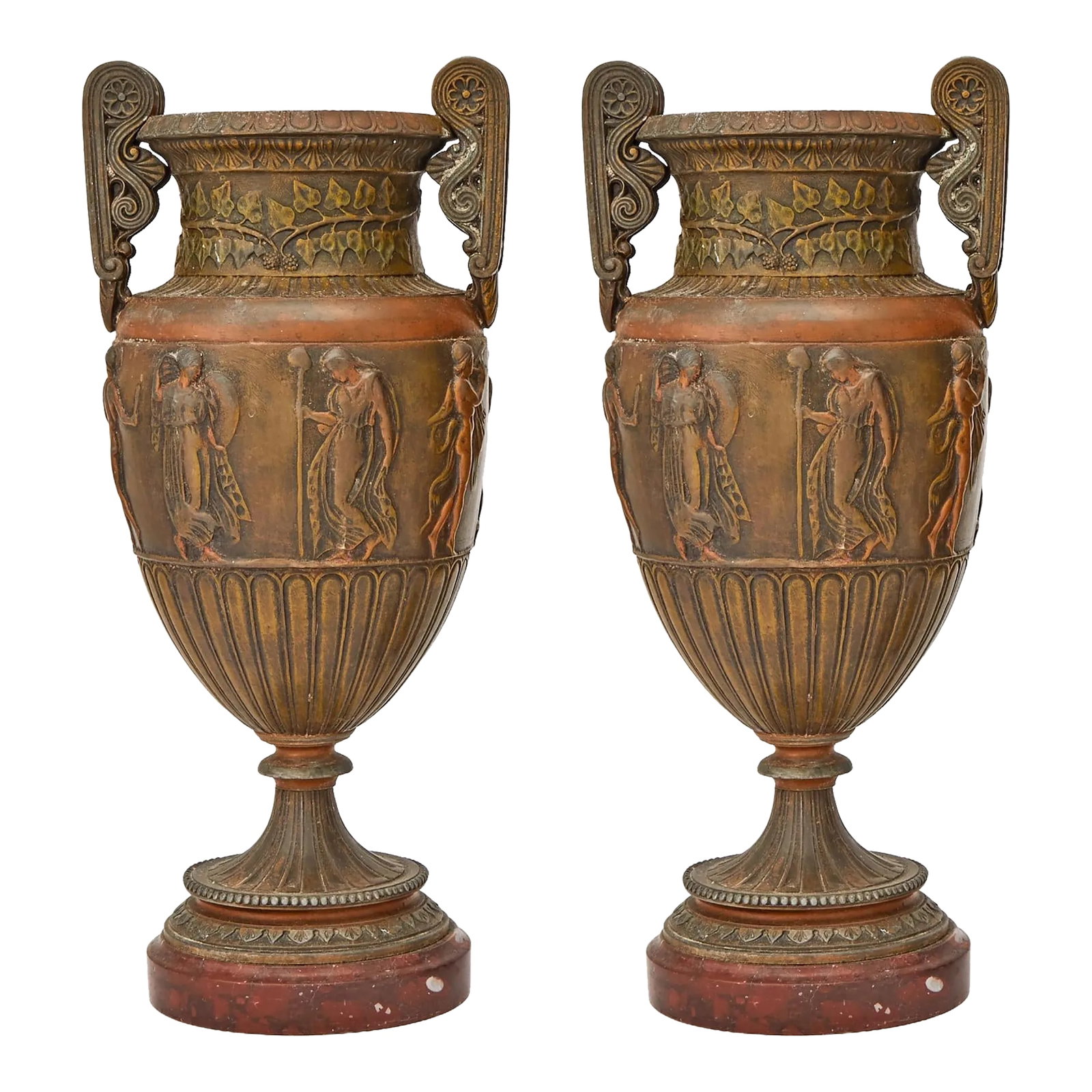 Antique French Neoclassical Patinated Bronze Decorative Urn / Red Marble Base: This distinguished 19th-century French neoclassical bronze urn, with its beautifully aged patina, is crafted in a classic krater form adorned with intricate reliefs of ancient Greek figures. The urn i