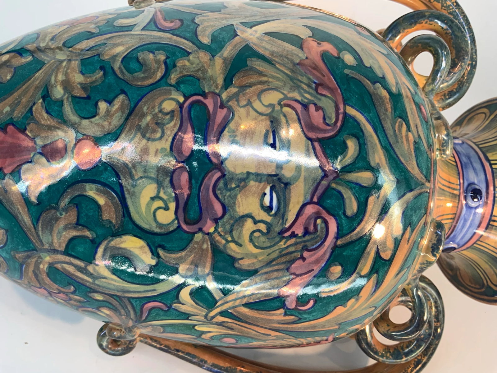 Antique Italian Majolica Lustre Urn Vase Snake Handles - 10