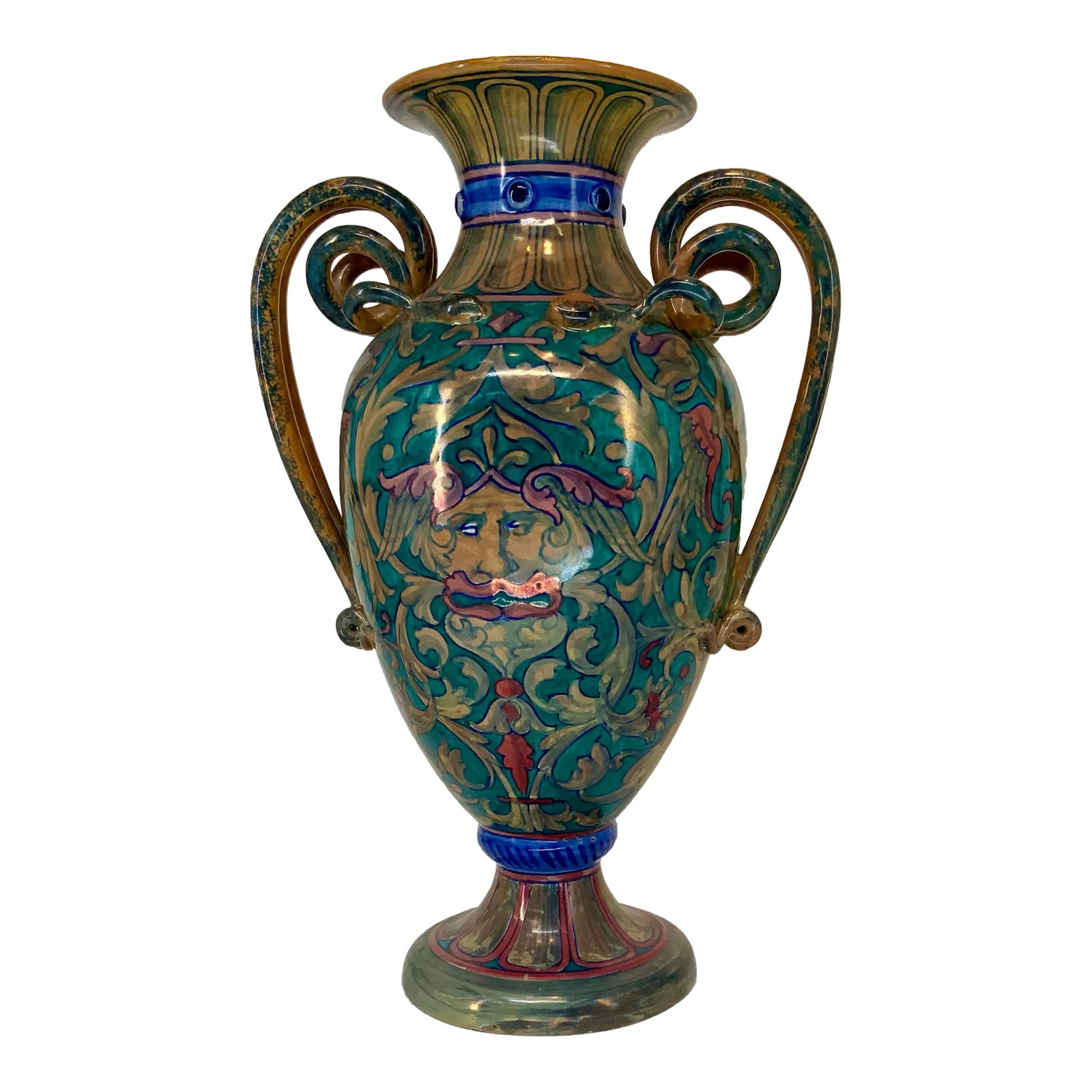 Antique Italian Majolica Lustre Urn Vase Snake Handles: Magnificent large hand painted in Renaissance style lustre urn shaped vase with double snake handles. Condition: Alterations: Original Condition Unaltered Imperfections: Some Imperfections Condition