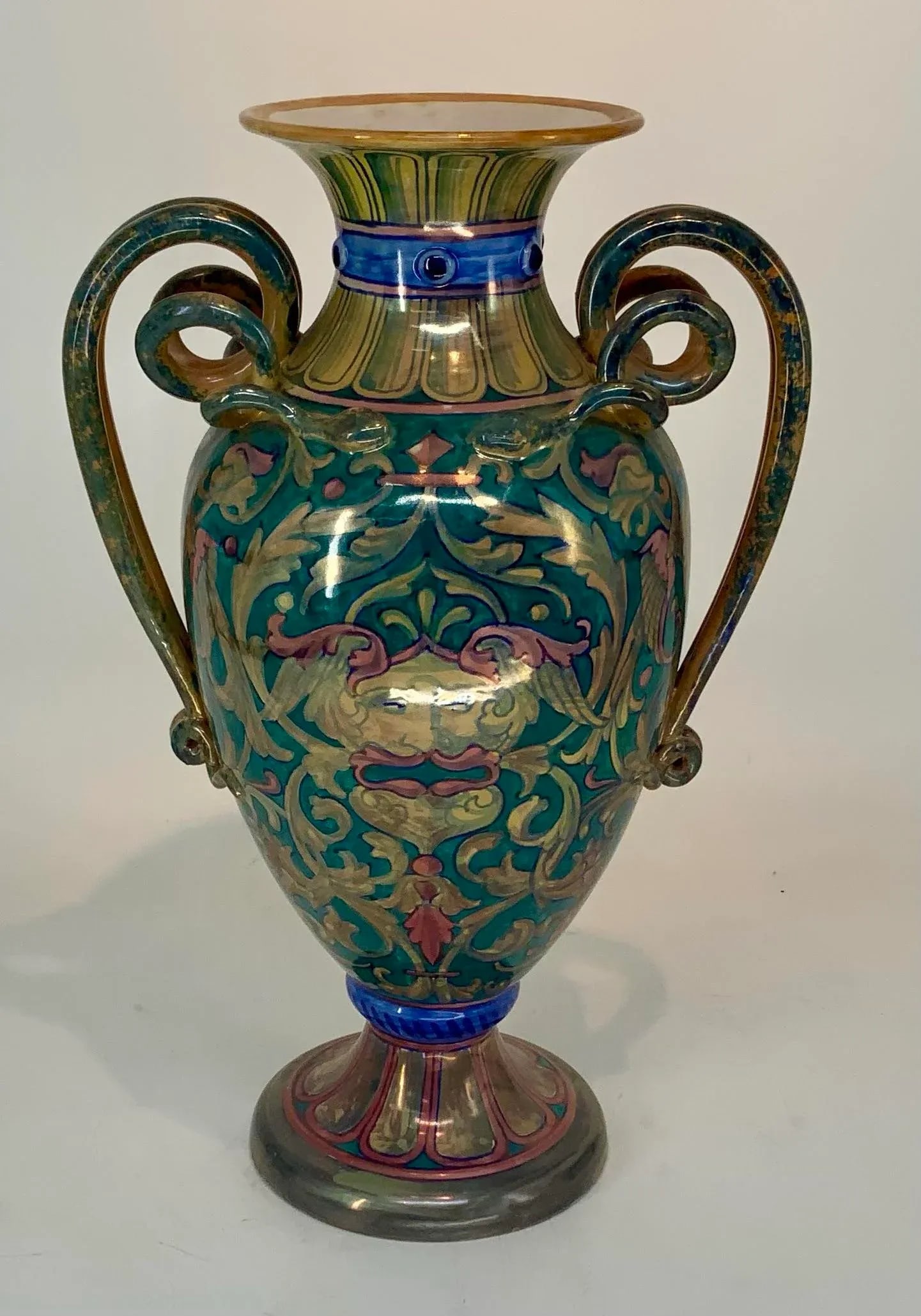 Antique Italian Majolica Lustre Urn Vase Snake Handles - 2