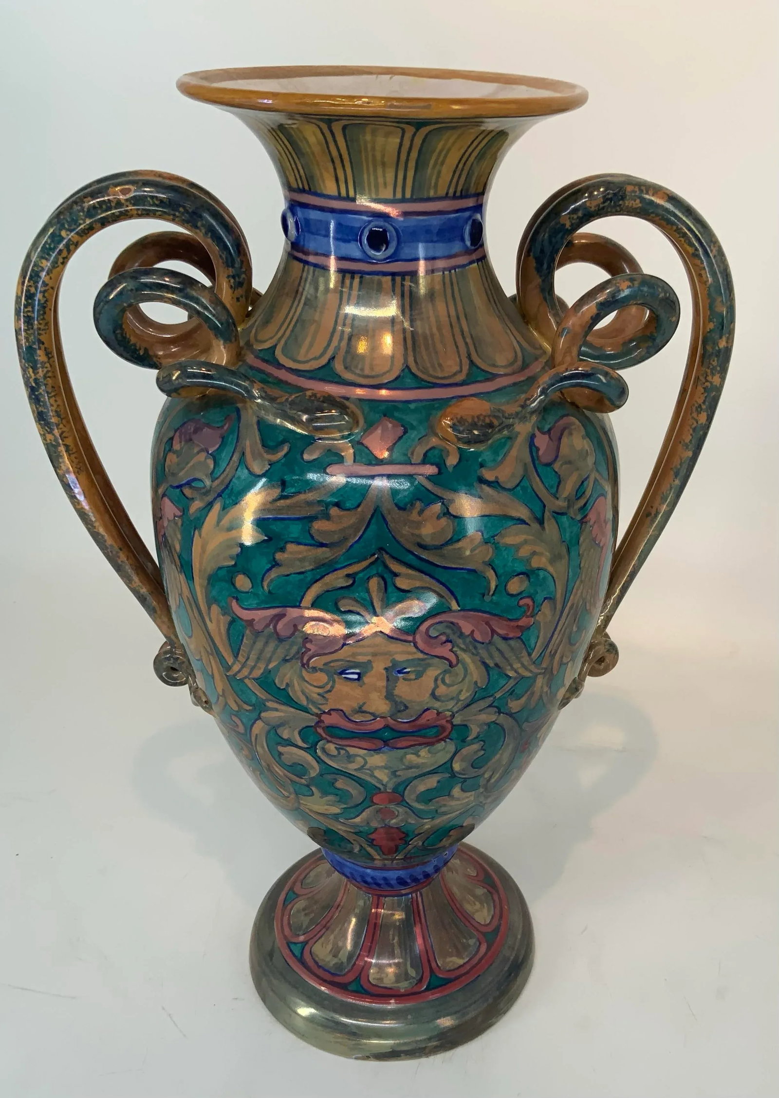 Antique Italian Majolica Lustre Urn Vase Snake Handles - 3