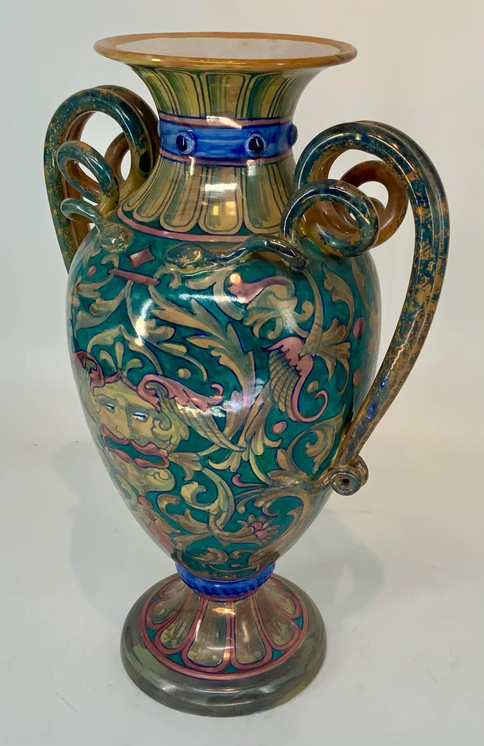 Antique Italian Majolica Lustre Urn Vase Snake Handles - 4