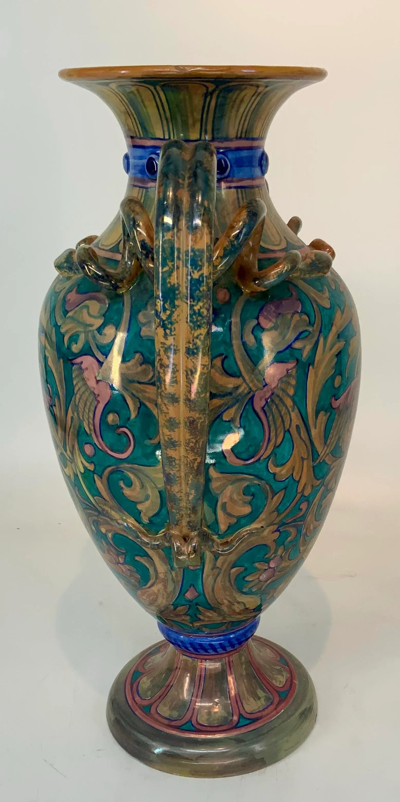 Antique Italian Majolica Lustre Urn Vase Snake Handles - 5