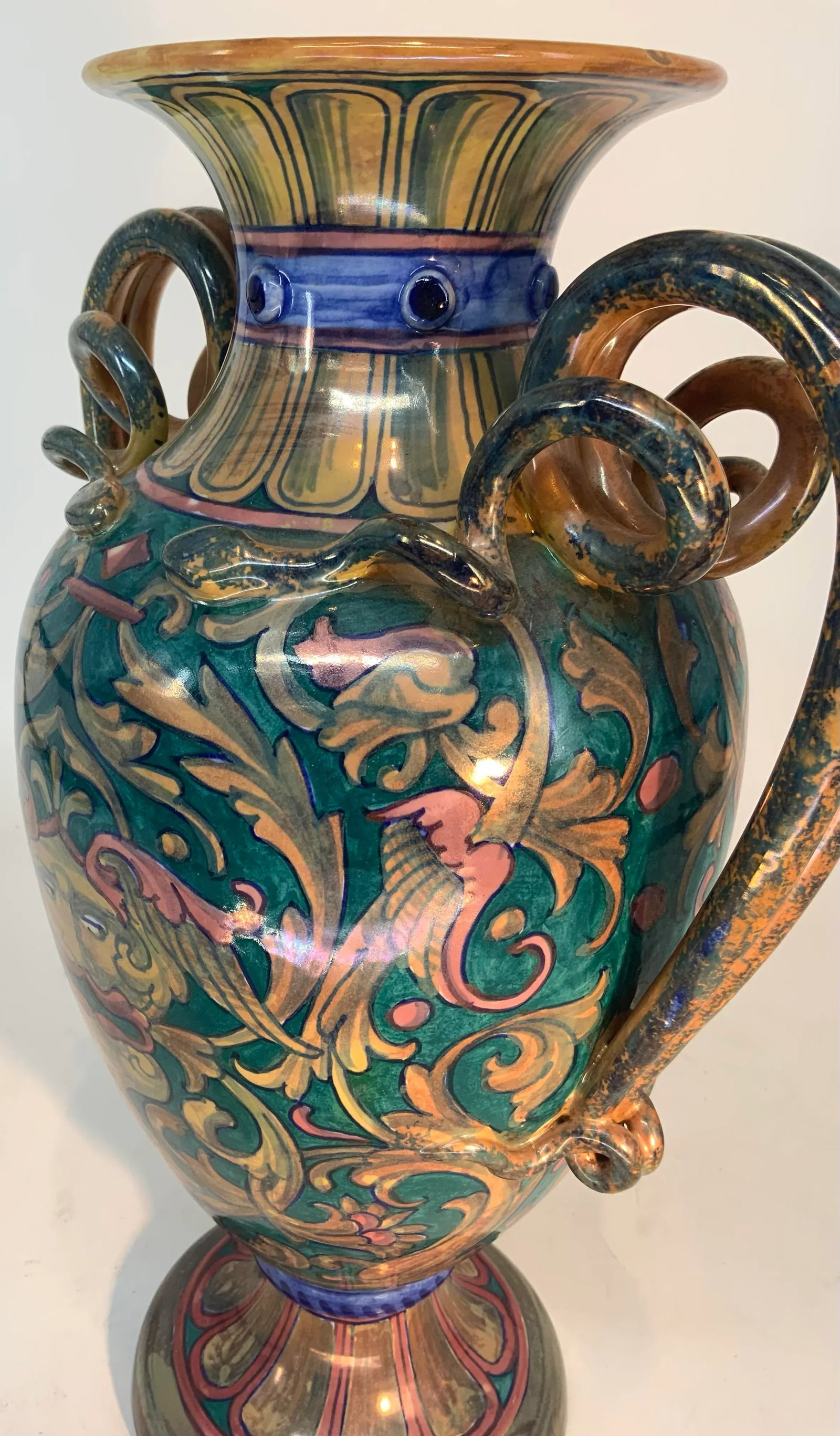 Antique Italian Majolica Lustre Urn Vase Snake Handles - 6