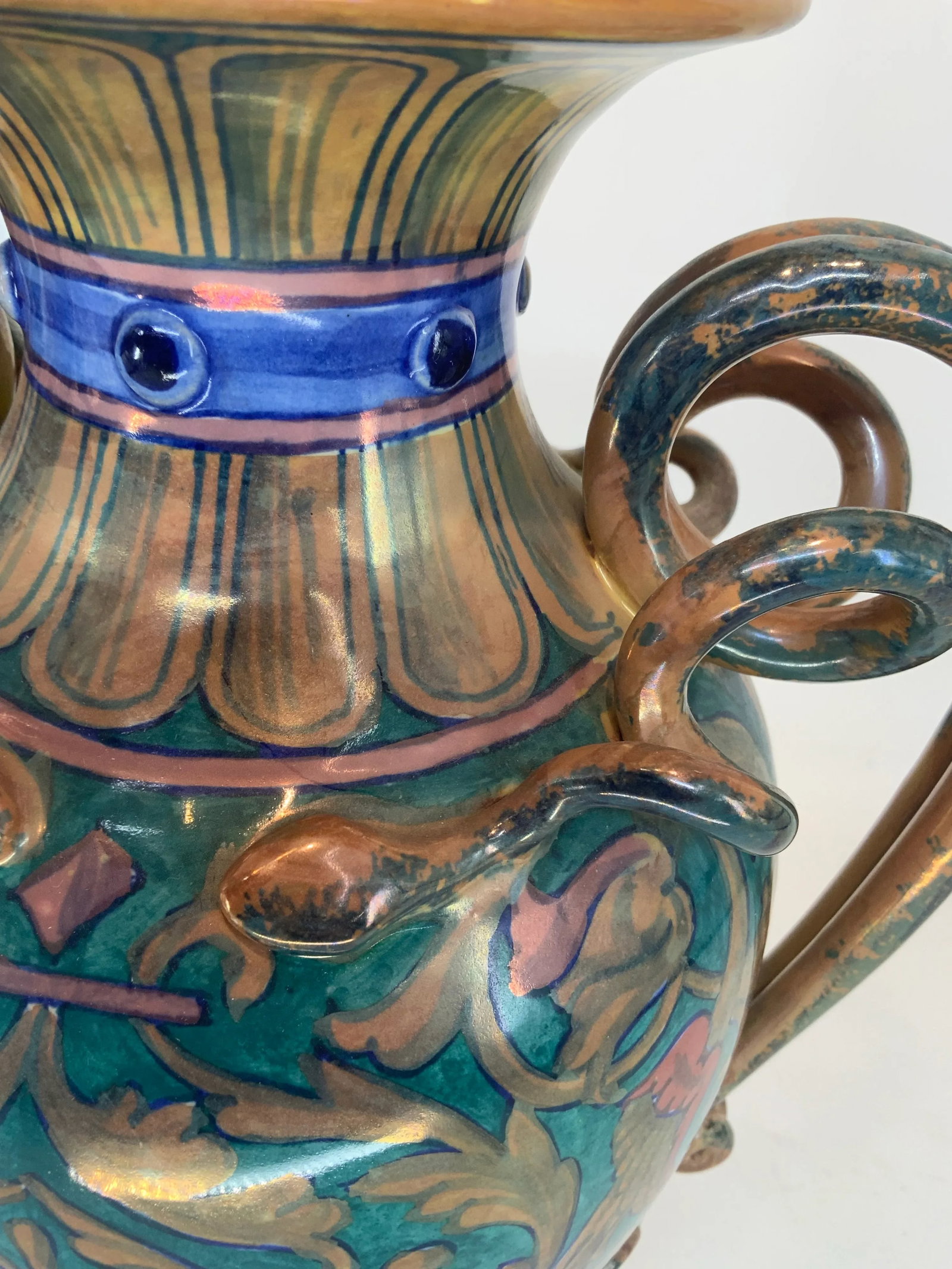Antique Italian Majolica Lustre Urn Vase Snake Handles - 7