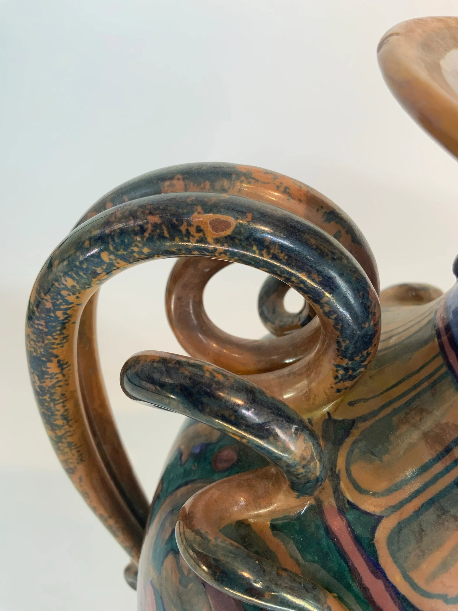 Antique Italian Majolica Lustre Urn Vase Snake Handles - 8