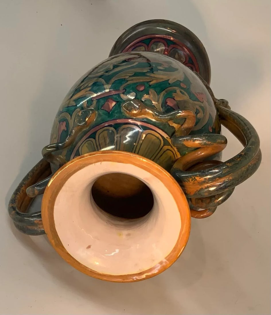 Antique Italian Majolica Lustre Urn Vase Snake Handles - 9