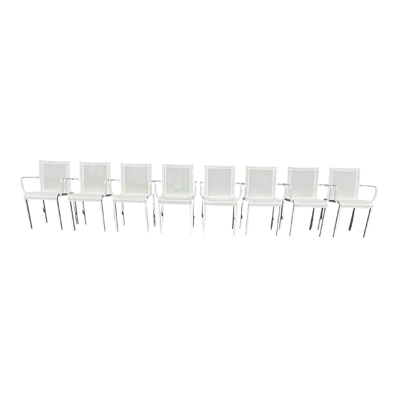 Tandem Dining Chairs by Ego Paris - Set of 8: Elevate your outdoor entertaining space with this exceptional set of eight "Tandem" patio dining chairs by elite French luxury outdoor brand Ego Paris. Designed with a sophisticated, geometric