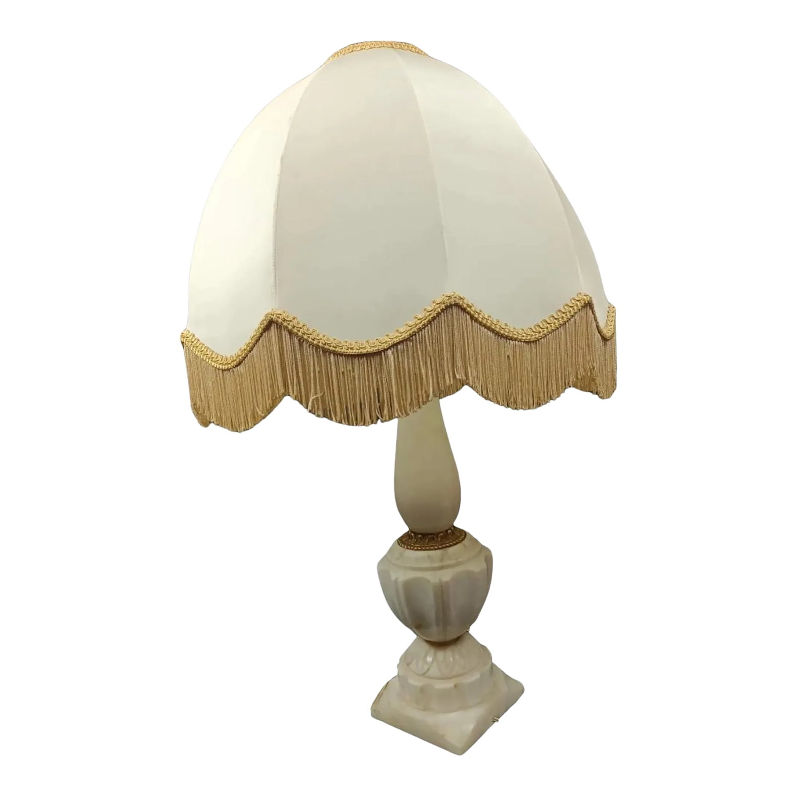 Late 19th Century Alabaster and Brass Lamp Base With Lampshade: Condition: Pre-owned Comments: In good condition. The lamp is functional, but the electrical wiring is not up to modern standards. The lampshade has small stains, a slight tear, and some minor scuffs