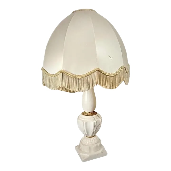 Antique Lamp Base in Alabaster and Brass With Lampshade: Condition: Good Comments: The lamp is in working condition, though the electrical wiring does not meet modern standards. The alabaster and brass lamp base is in good condition, with a few minor chips