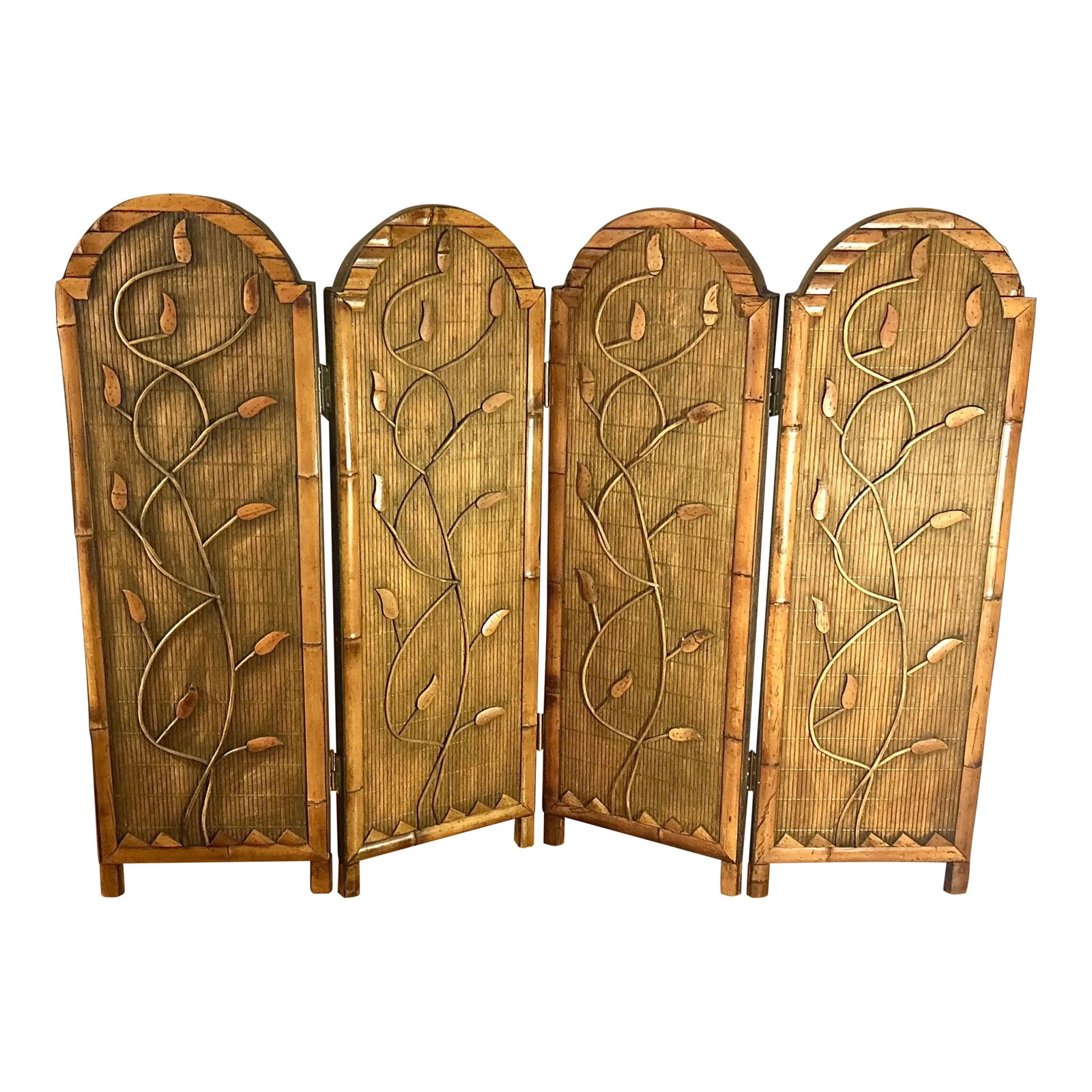 Bamboo Rattan 4 Panel Folding Screen - Reversible: Reversible 4-Panel Bamboo Room Divider - 48" x 48" (each panel 3" deep) This handcrafted 4-piece reversible divider showcases the artistry of bamboo in both structure and detail. Each panel measures
