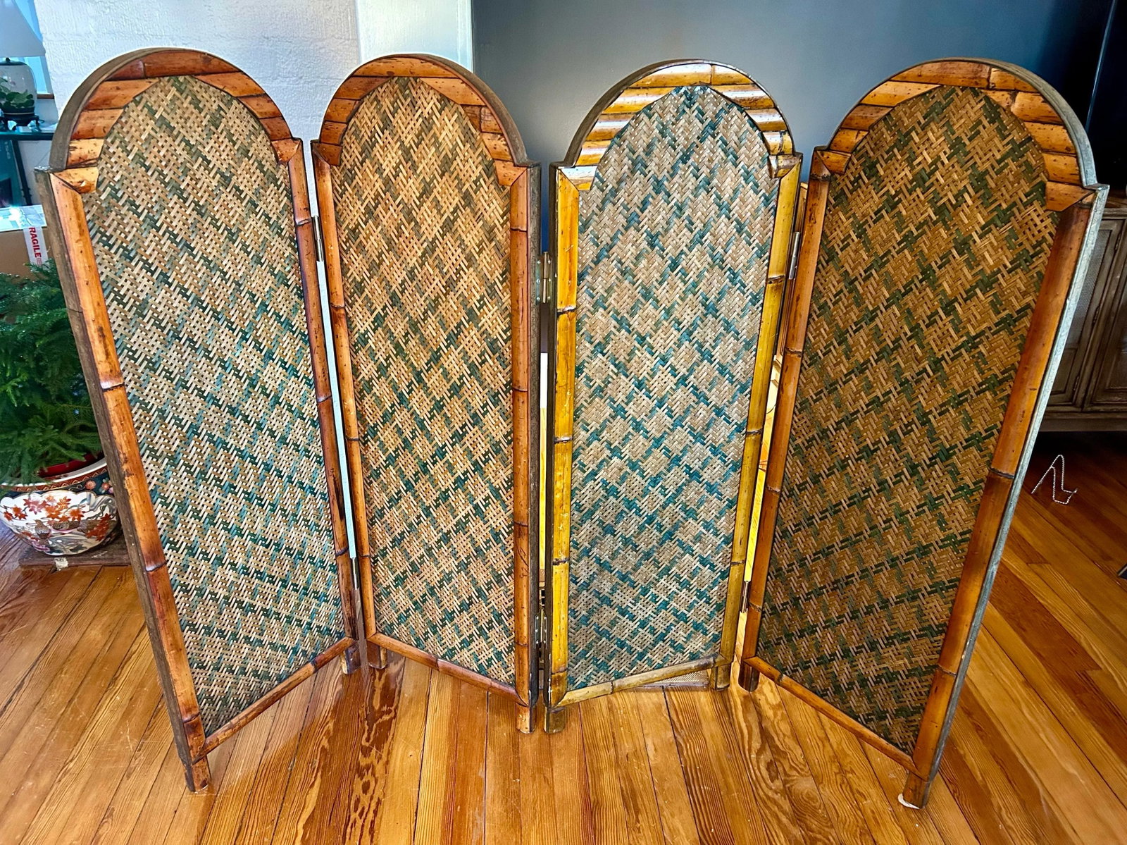 Bamboo Rattan 4 Panel Folding Screen - Reversible - 2