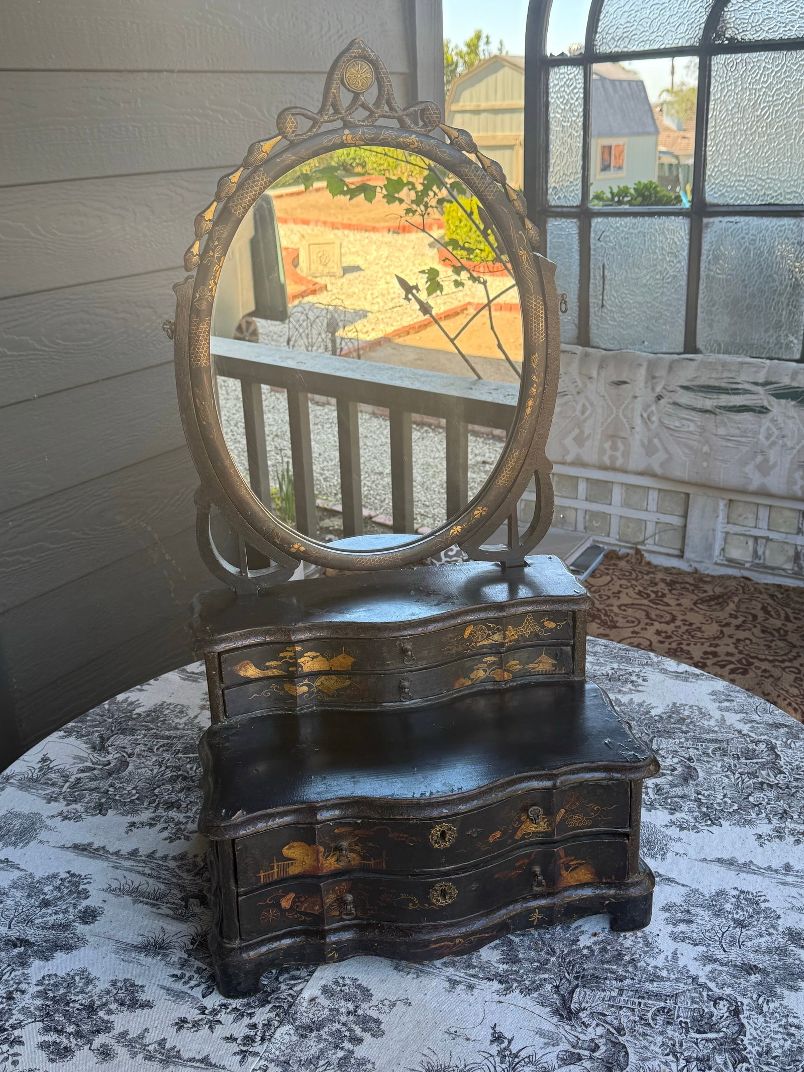 19th Century, Black Lacquer Toilet Swing Mirror, With Chinese Motif Painting - 11
