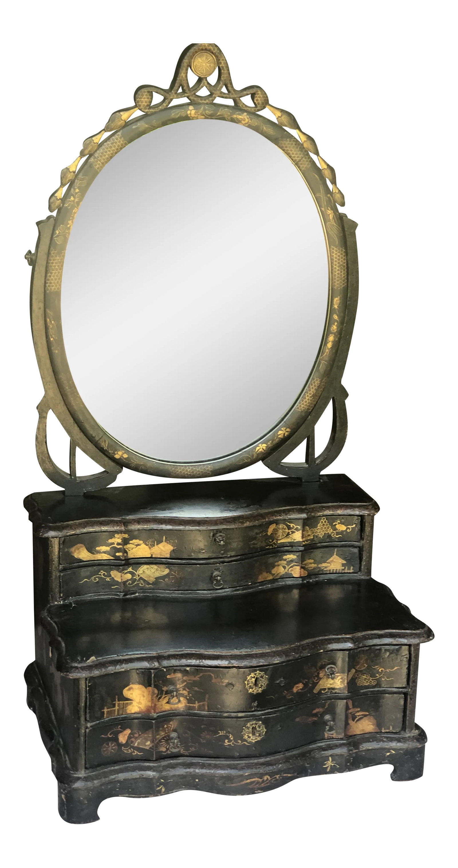19th Century, Black Lacquer Toilet Swing Mirror, With Chinese Motif Painting: This is a beautiful toilet swing mirror in wonderful condition. It has two drawers that pull out for items of you're choice. Just stunningly beautiful and could set on top of a dresser etc ! Condition