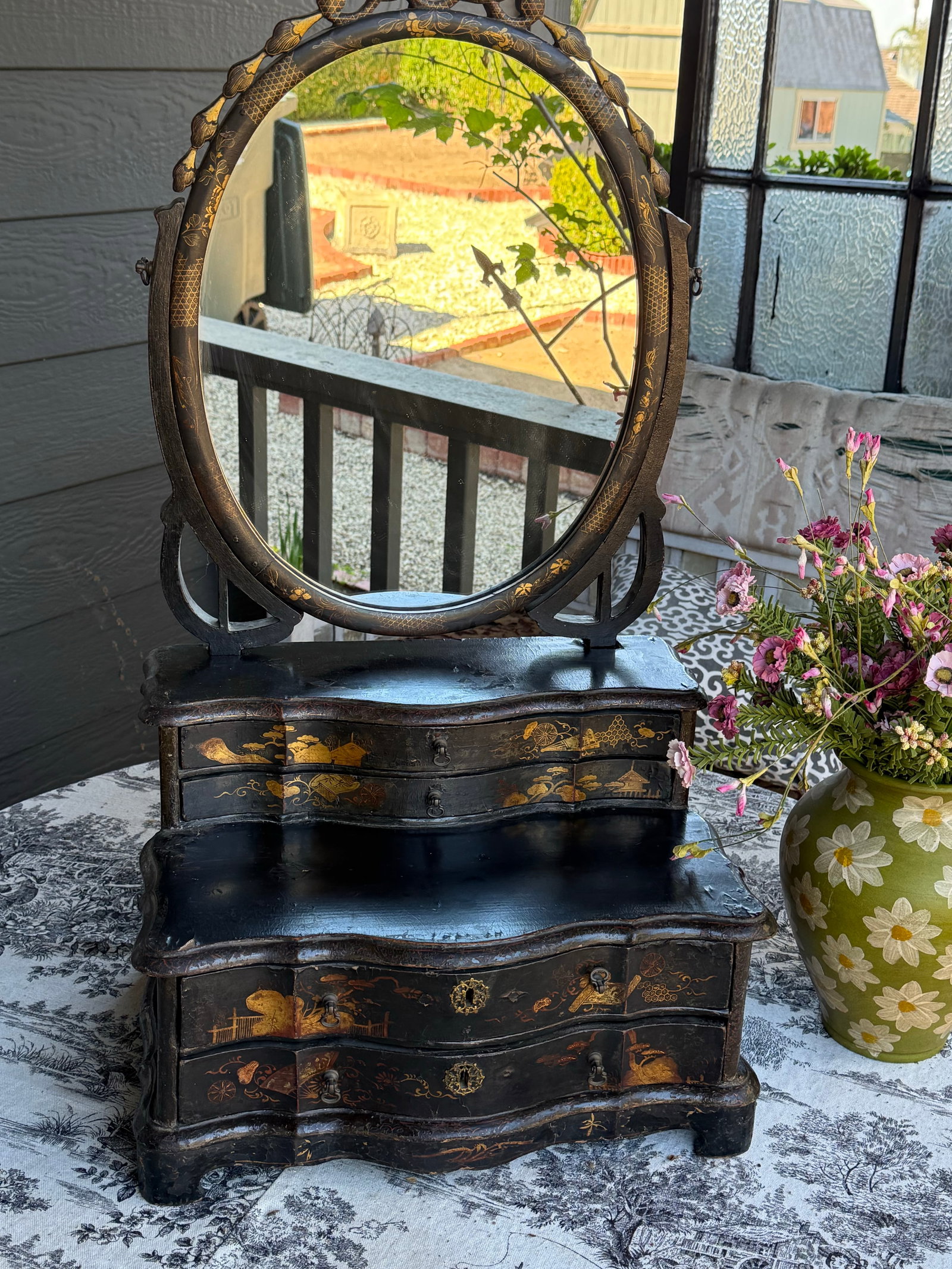 19th Century, Black Lacquer Toilet Swing Mirror, With Chinese Motif Painting - 3