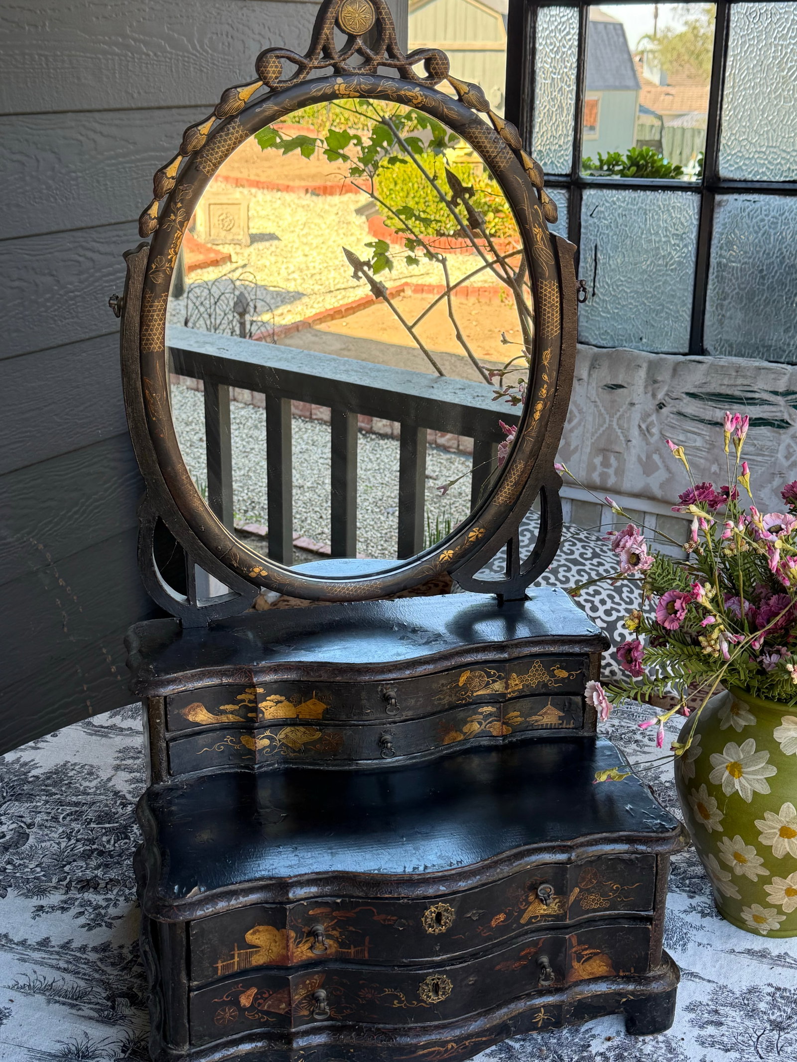 19th Century, Black Lacquer Toilet Swing Mirror, With Chinese Motif Painting - 4