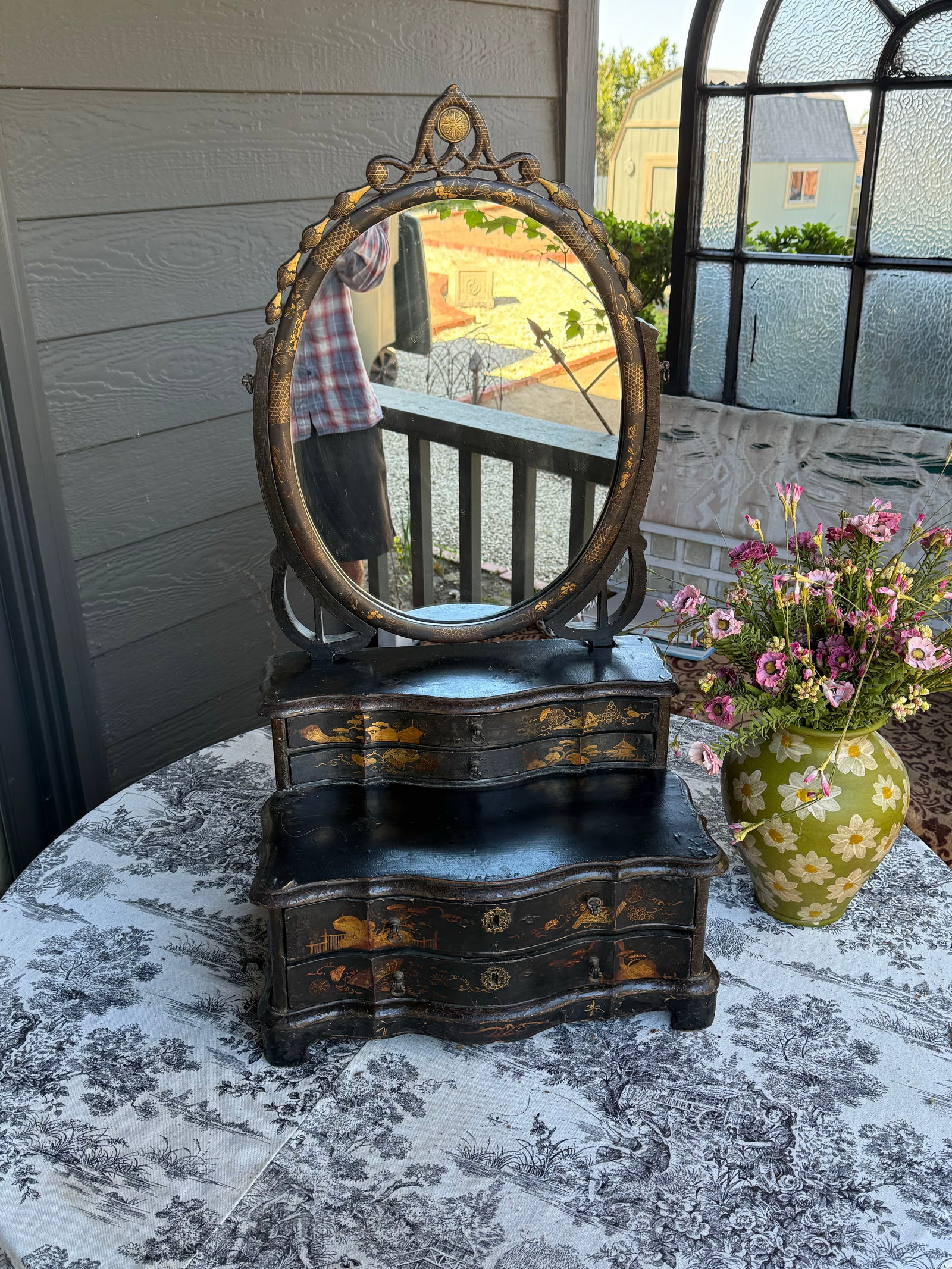 19th Century, Black Lacquer Toilet Swing Mirror, With Chinese Motif Painting - 5
