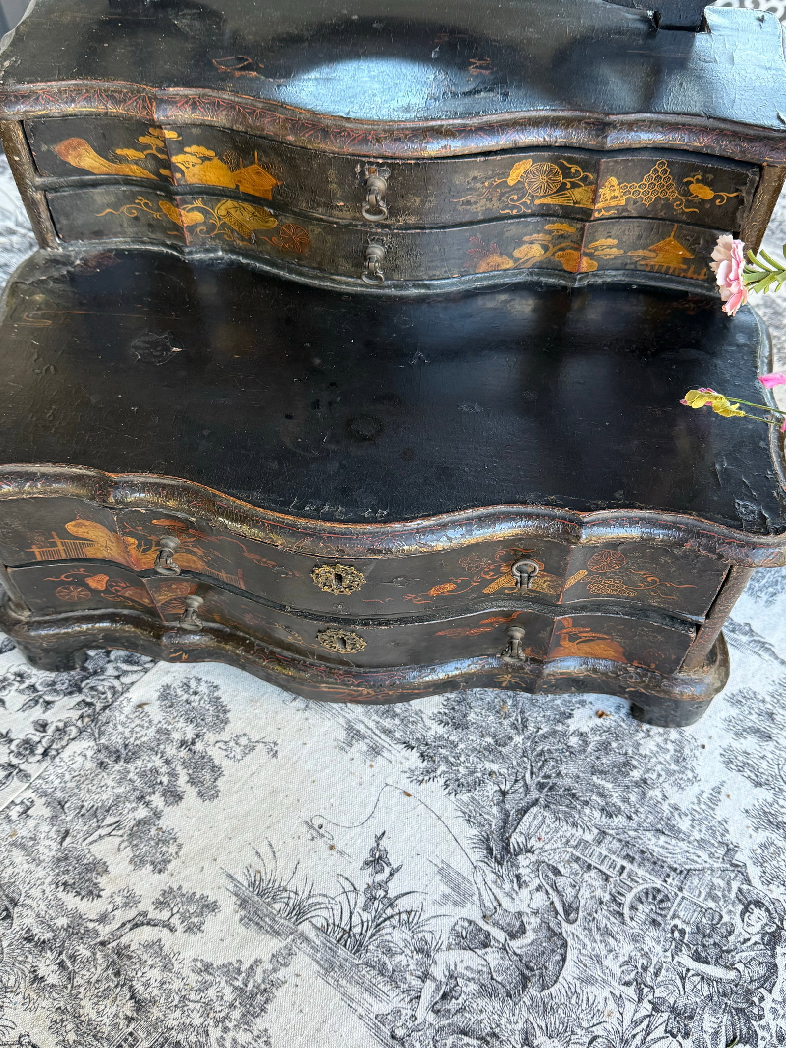 19th Century, Black Lacquer Toilet Swing Mirror, With Chinese Motif Painting - 8