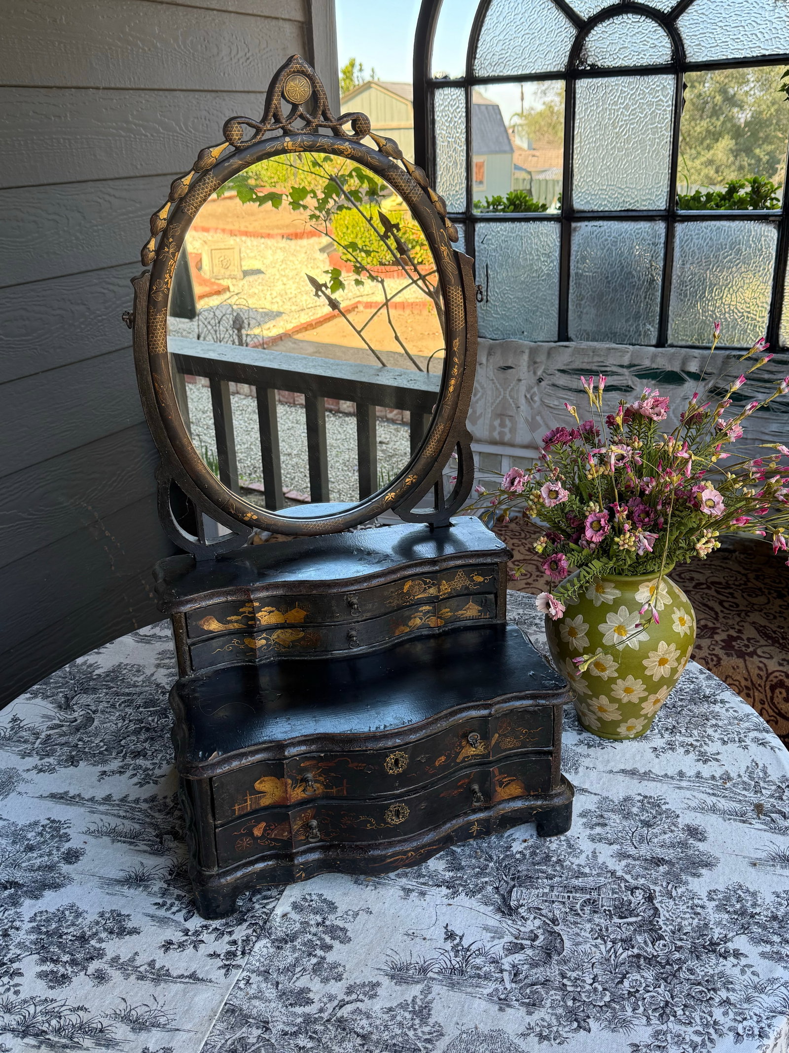 19th Century, Black Lacquer Toilet Swing Mirror, With Chinese Motif Painting - 9