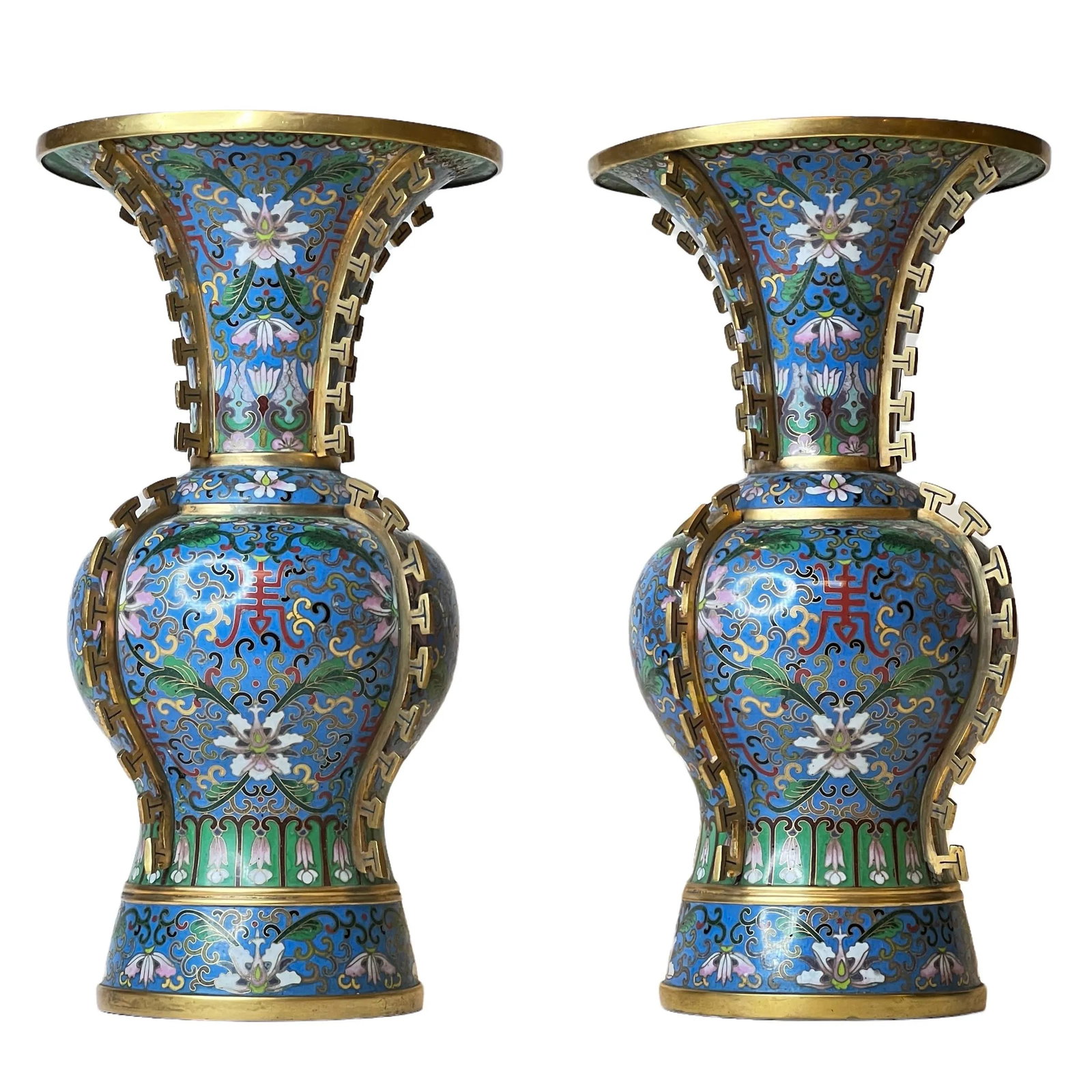 Antique Chinese Blue Cloisonne Vases - A Pair - 2