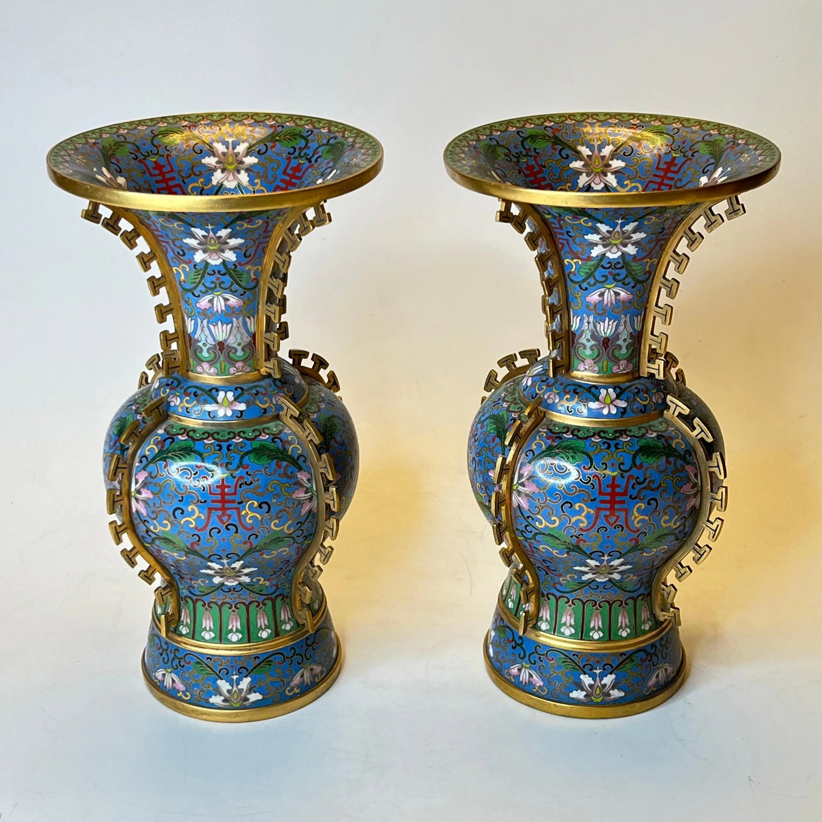 Antique Chinese Blue Cloisonne Vases - A Pair - 3