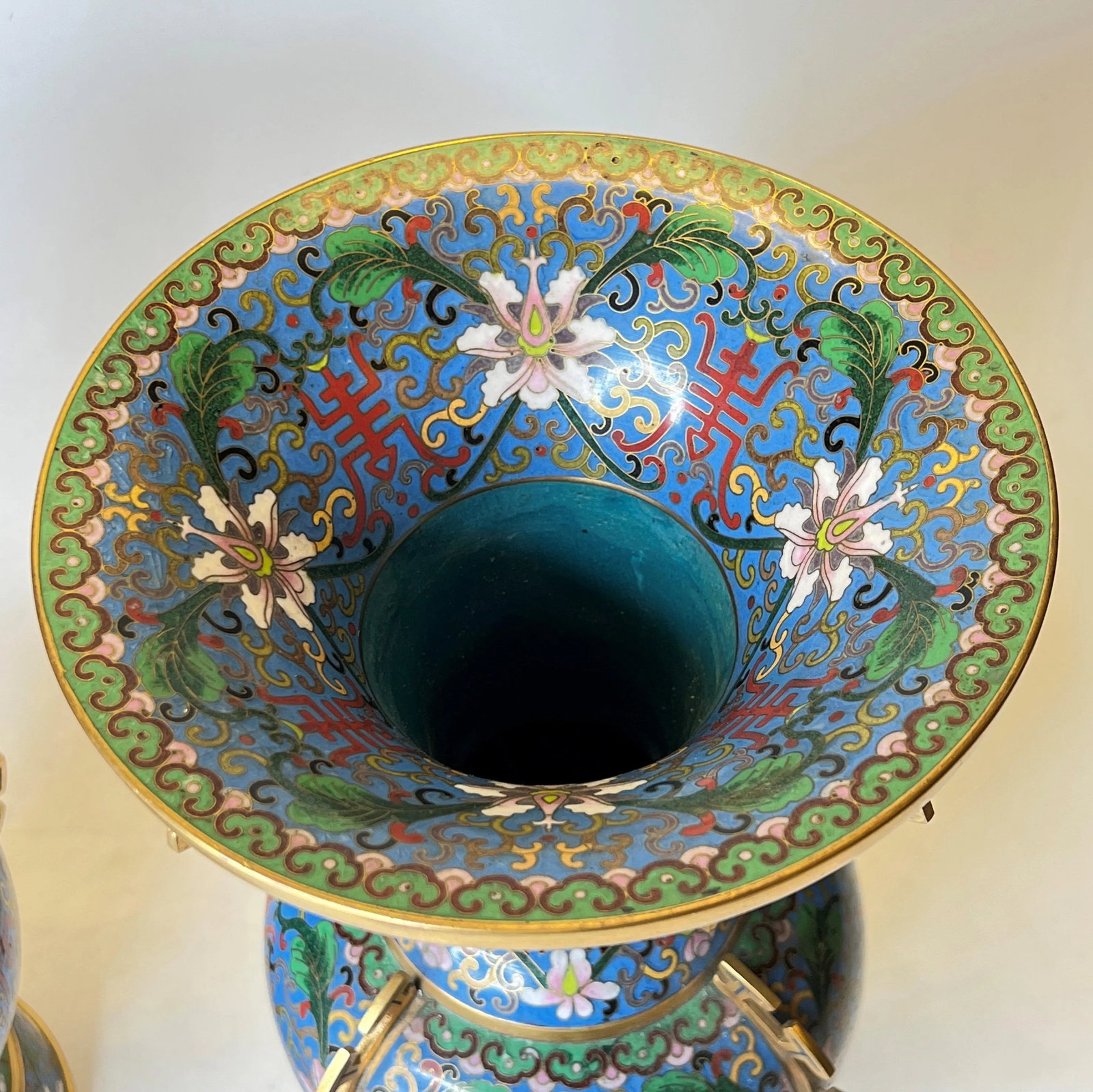 Antique Chinese Blue Cloisonne Vases - A Pair - 4