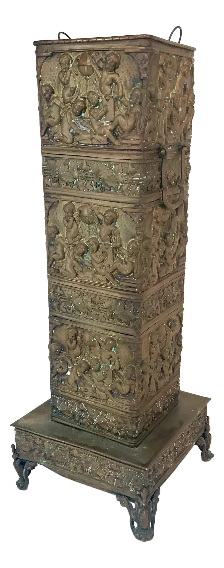 Antique French Brass Repusse Umbrella Stand With Liner: Great antique French or Belgian repusse putty and grapevines decorated umbrella stand . Two handles , original tin lining. Pretty heavy -will not tip over. Some evidence of original gilding remains in