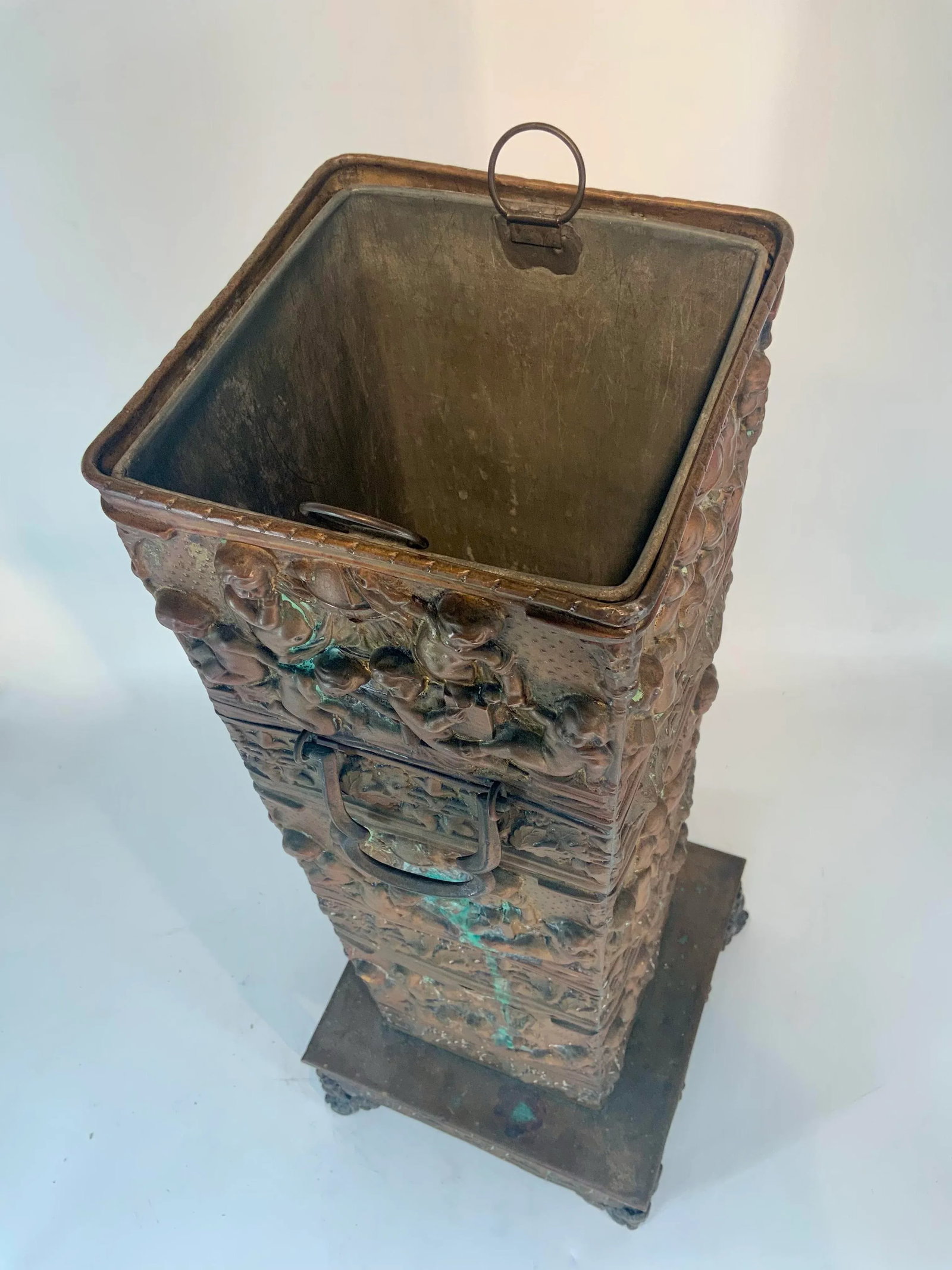 Antique French Brass Repusse Umbrella Stand With Liner - 9